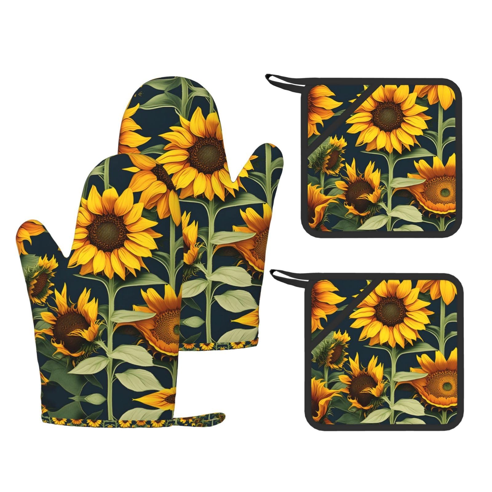 Wild Flower Sunflower Printed Oven Mitts with Pocket and Hot Pads, Silicone Non-Slip Kitchen Gloves for Baking BBQ