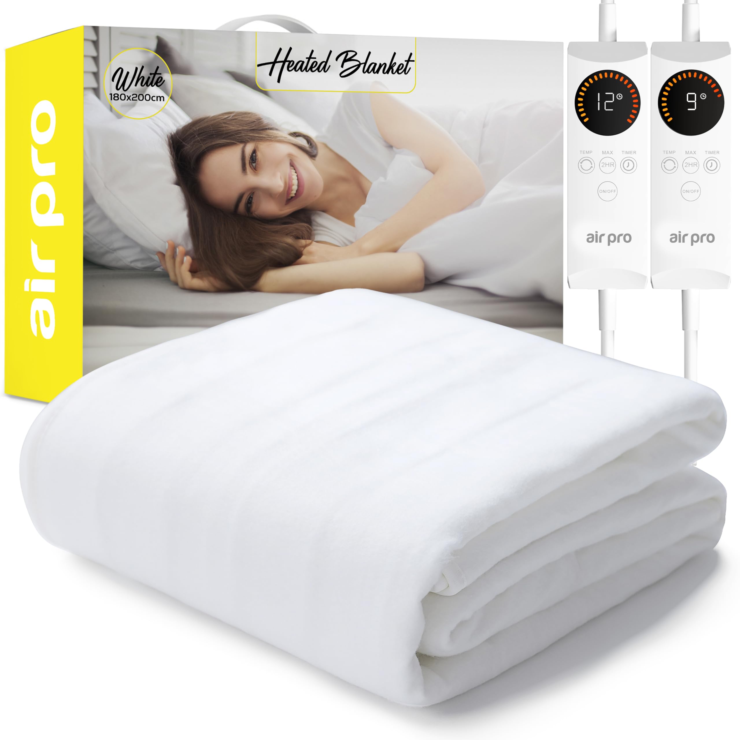 Air Pro White Electric Blanket - Fully Fitted Mattress Cover With Elastic Straps - Premium Fleece Easy Fit Heated Blanket - Detachable Dual Controllers & Machine Washable - Super King - 180X200cm