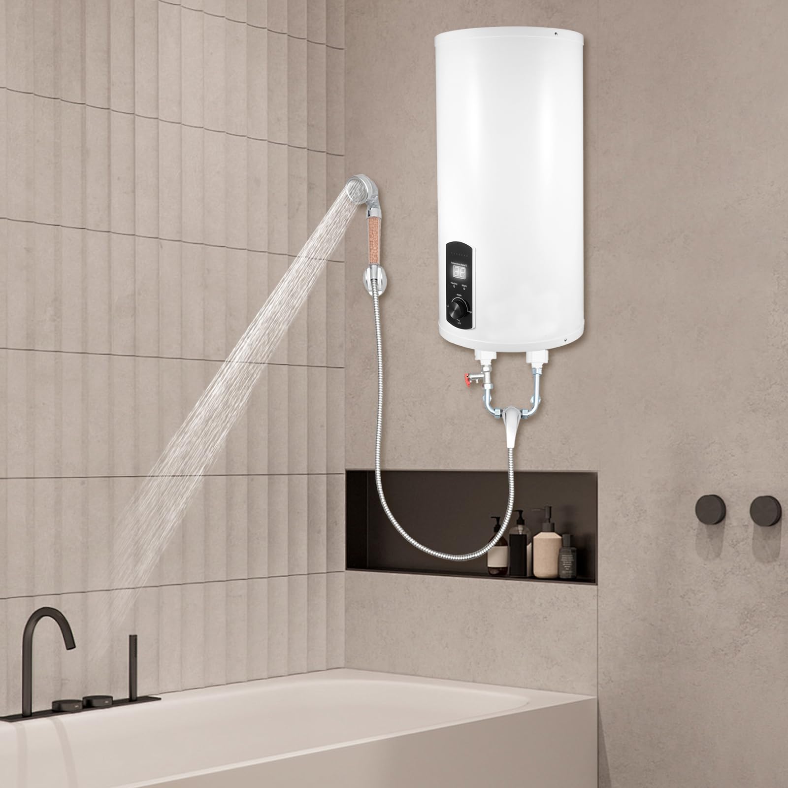 Scaldabagno Elettrico Verticale 80L Schermo Digitale 2000W Parete | 2000 W, IPX4, viene fornito con doccetta e rubinetto, installazione a parete - cucina, bagno, caravan, casa.