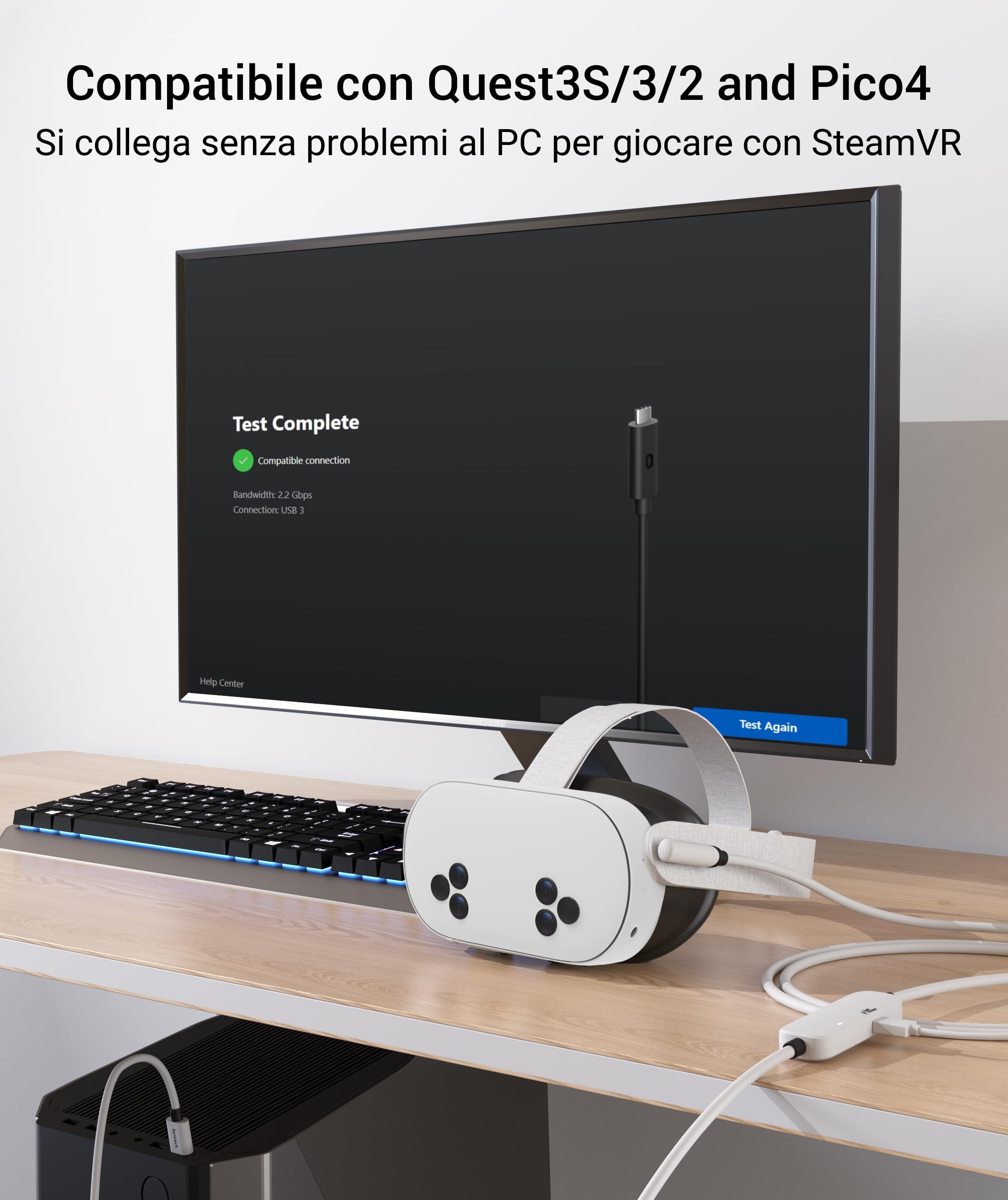 Syntech VR Cavo Link con Ricarica 5M Compatibile con Meta Quest 3S/Quest 3/Oculus Quest 2 Accessori, Cavo Link USB 3.0 con Porta di Ricarica Extra, per PC/SteamVR e Gameplay Esteso