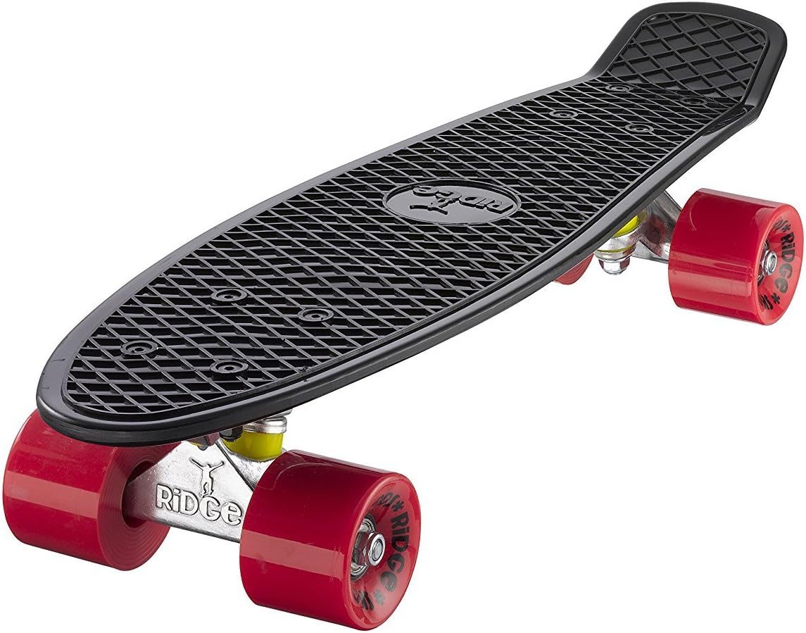 Ridge Retro Kids' Street Skateboard Black/Red, 22" inch plastic frame, 1 speed 78a pu rubber wheels prefitted with abec 7 bearings