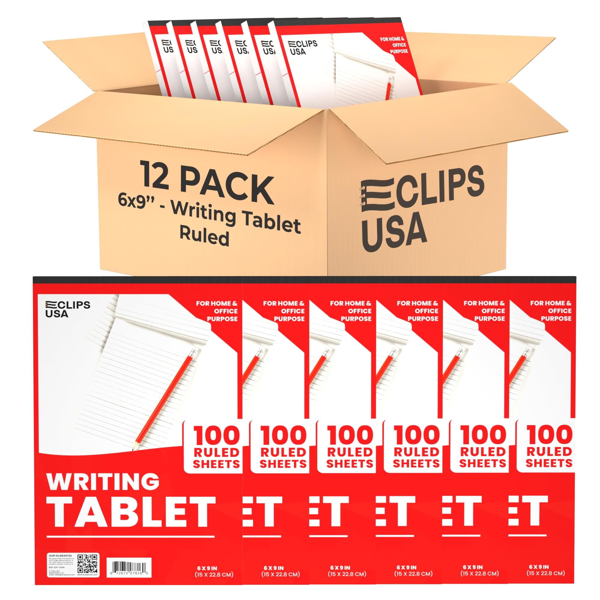 E-CLIPS USA Notepads Ruled Writing Tablet Note Pads 6 x 9 Small Notepads Memo Pad White Chipboard Back