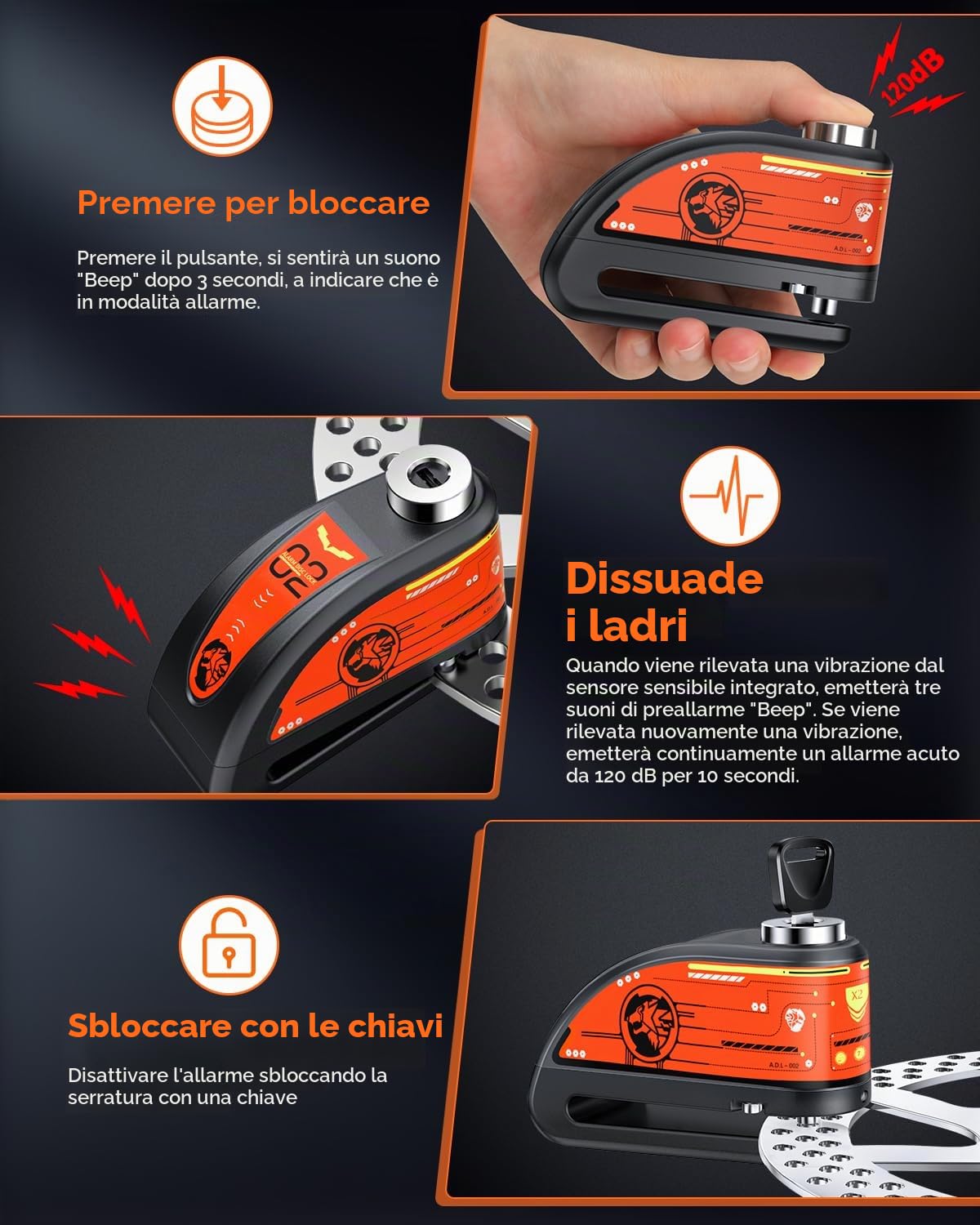 ZEXMTE Blocco freno a disco impermeabile per moto con allarme 120dB | Allarme per moto ricaricabile, blocco freno a disco con cavo antifurto in filo di acciaio da 1,8 m, per moto e scooter da 7