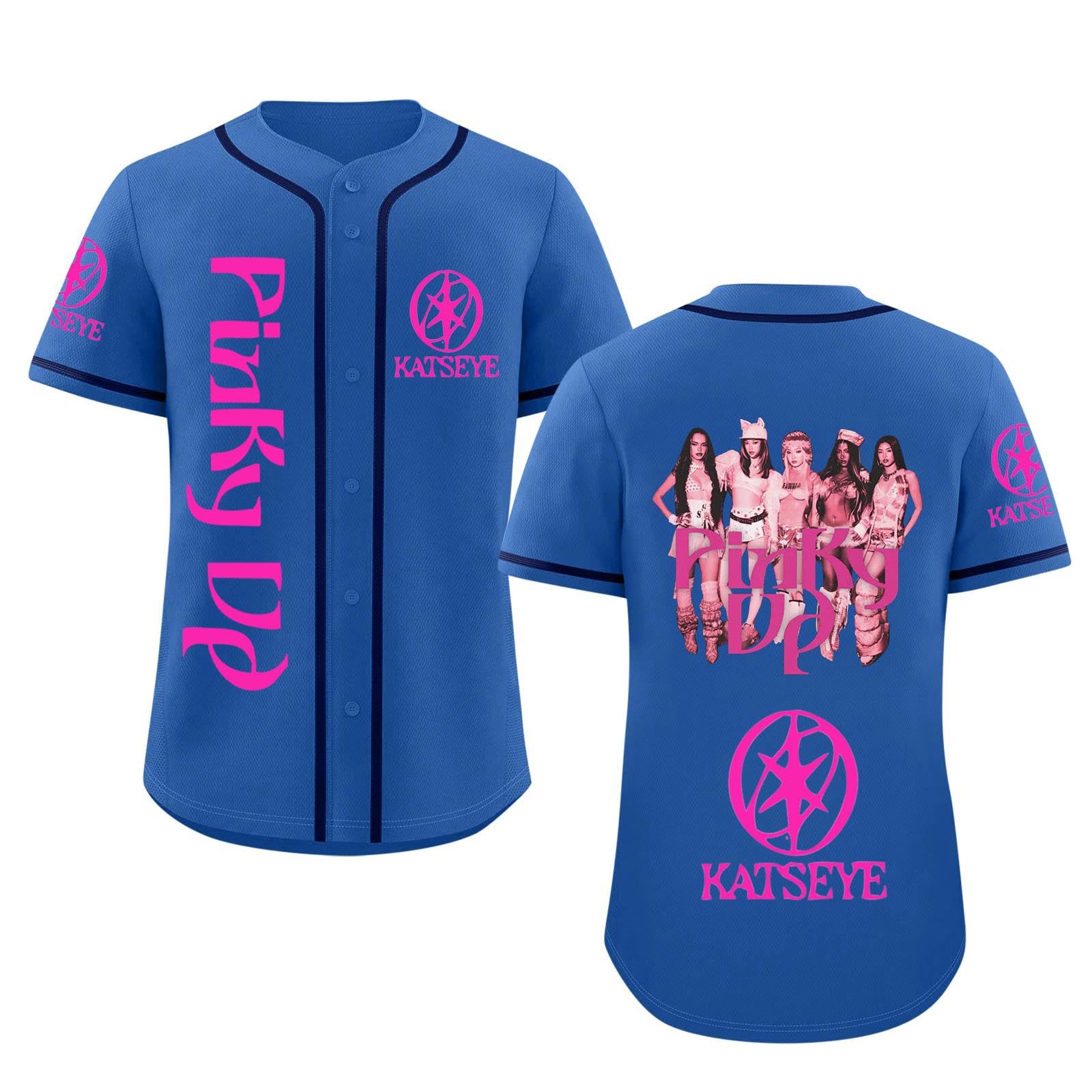 Katseye Tshirt Beautiful Chaos Album Pinky up Baseball Jersey Short Sleeve Button Down Casual Hip Hop Katseye Merch Baseball Jersey for Fans Men Women 03-Blue XXL
