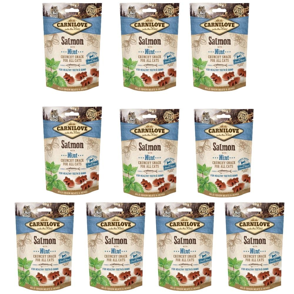Snack para Gatos Crunchy CARNILOVE de Salmon Y Menta 10 x 50 grs Sin Cereales, con Carne Fresca y sin azúcares | ANIMALUJOS