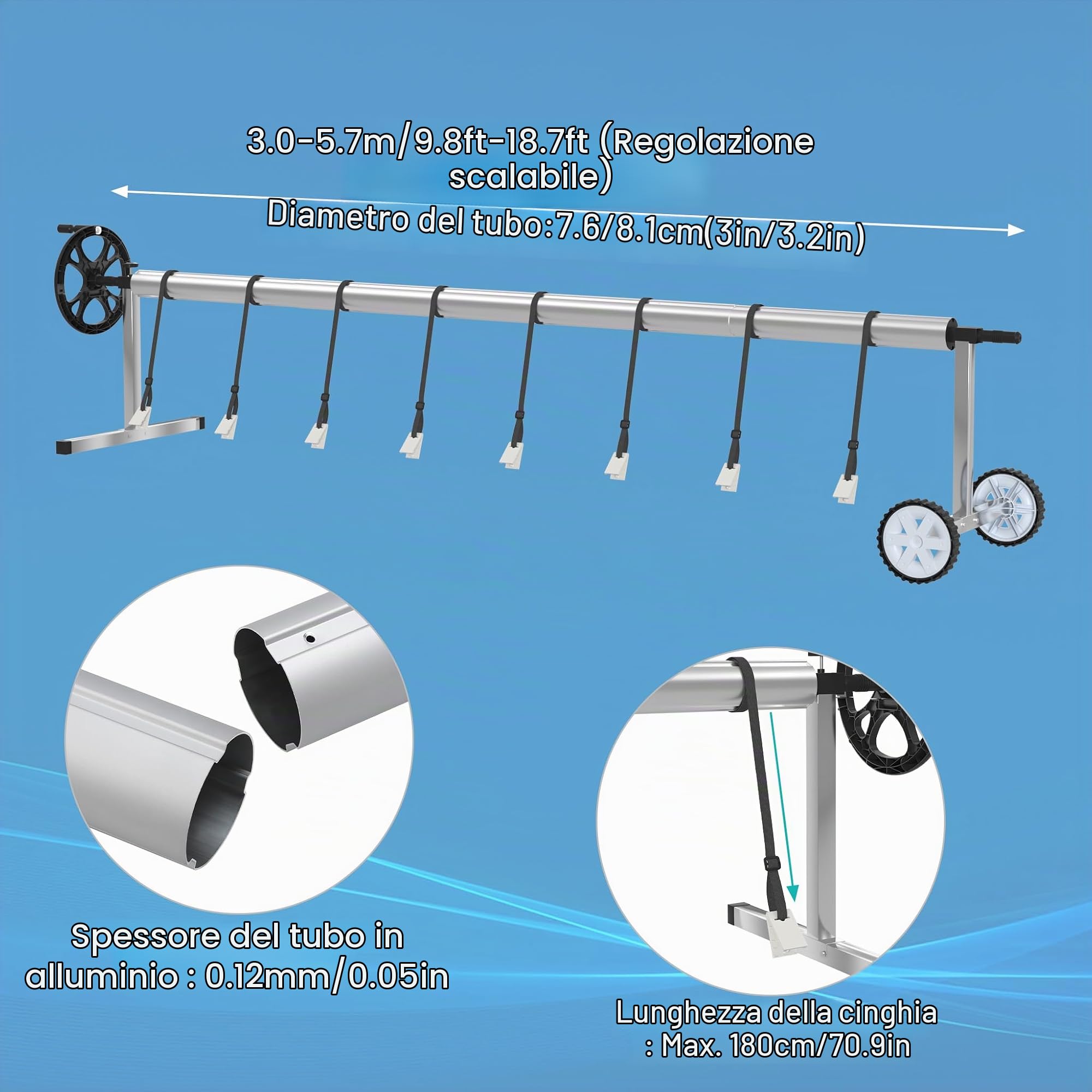 UISEBRT Sistema di avvolgimento mobile per piscina, 3 m – 5,70 m, per pellicole di piscina, dispositivo di avvolgimento, con nastri di fissaggio e ruote, sistema di avvolgimento per teloni solari e
