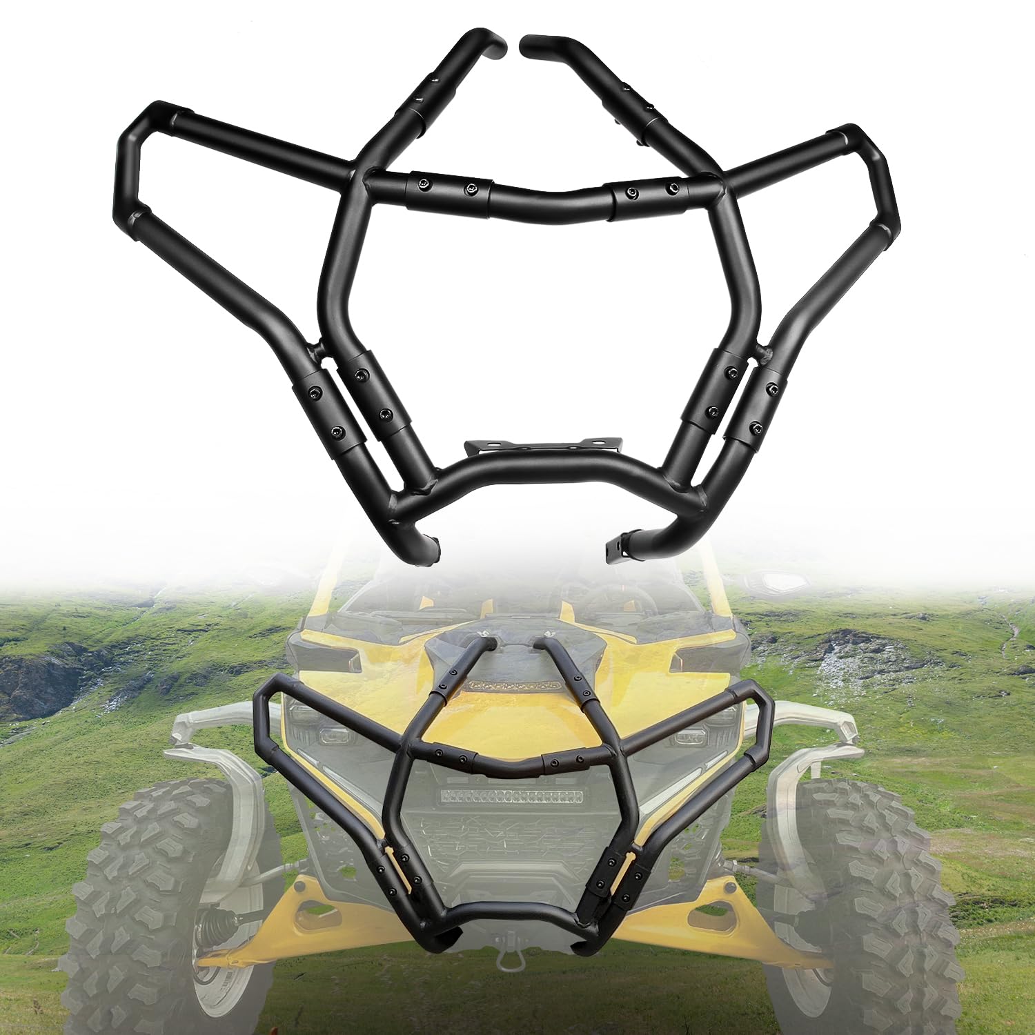 CUSAUTV Front Combined Bumper Compatible with 2024 2025 Can-Am Maverick R X RS Accessories Heavy Duty Brush Guard Protector Front Coverage Bumper for Can Am Maverick R 2024+ Replacement for 715010071