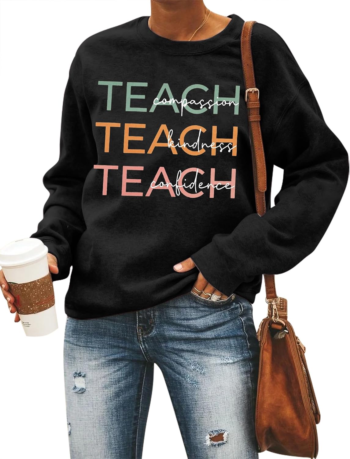 MOUSYA Teacher Sweatshirt Women Teach Compassion Kindness Confidence Shirts Casual Long Sleeve Pullover Tops - Image 2