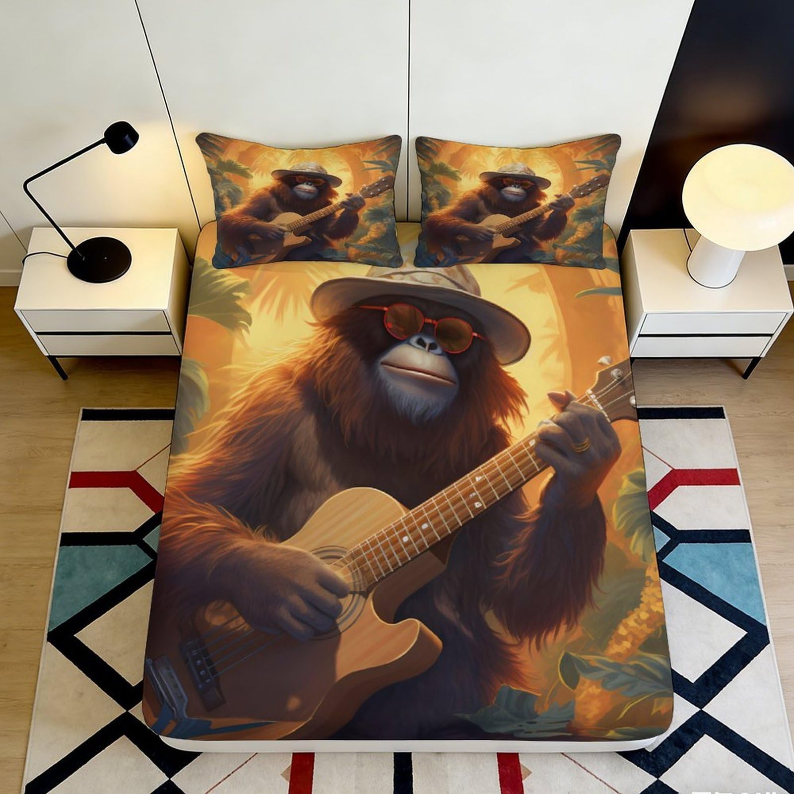 Pnayamiorkfel Style-3 3D Printed Guitar Monkey Fitted Sheet Microfiber Soft Breathable Jungle Bed Cover For Bedroom Guest Room Decor 90X200x25cm