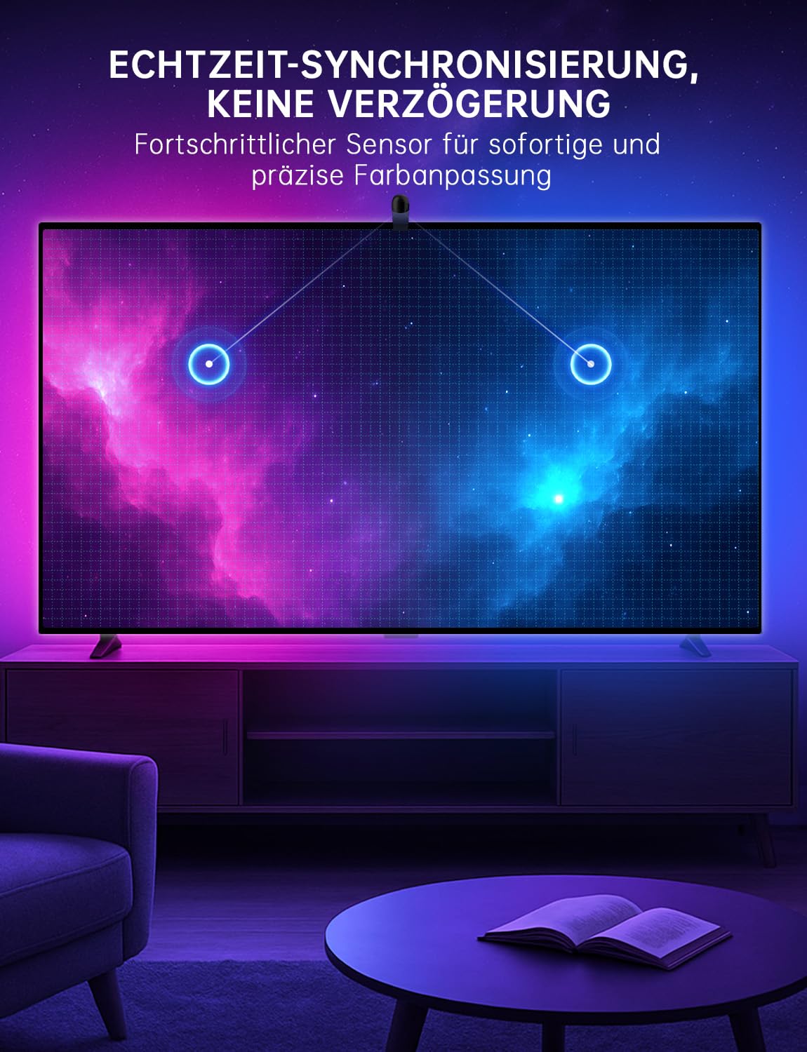 TV Hintergrundbeleuchtung, 4,5 Meter LED Streifen Sync für 55-65 Zoll TVs | TV LED Strip mit Sensor, Smart-App-Steuerung, Spiel & Musik-Sync, RGB-Farbwechsel Streifen für Heimkino