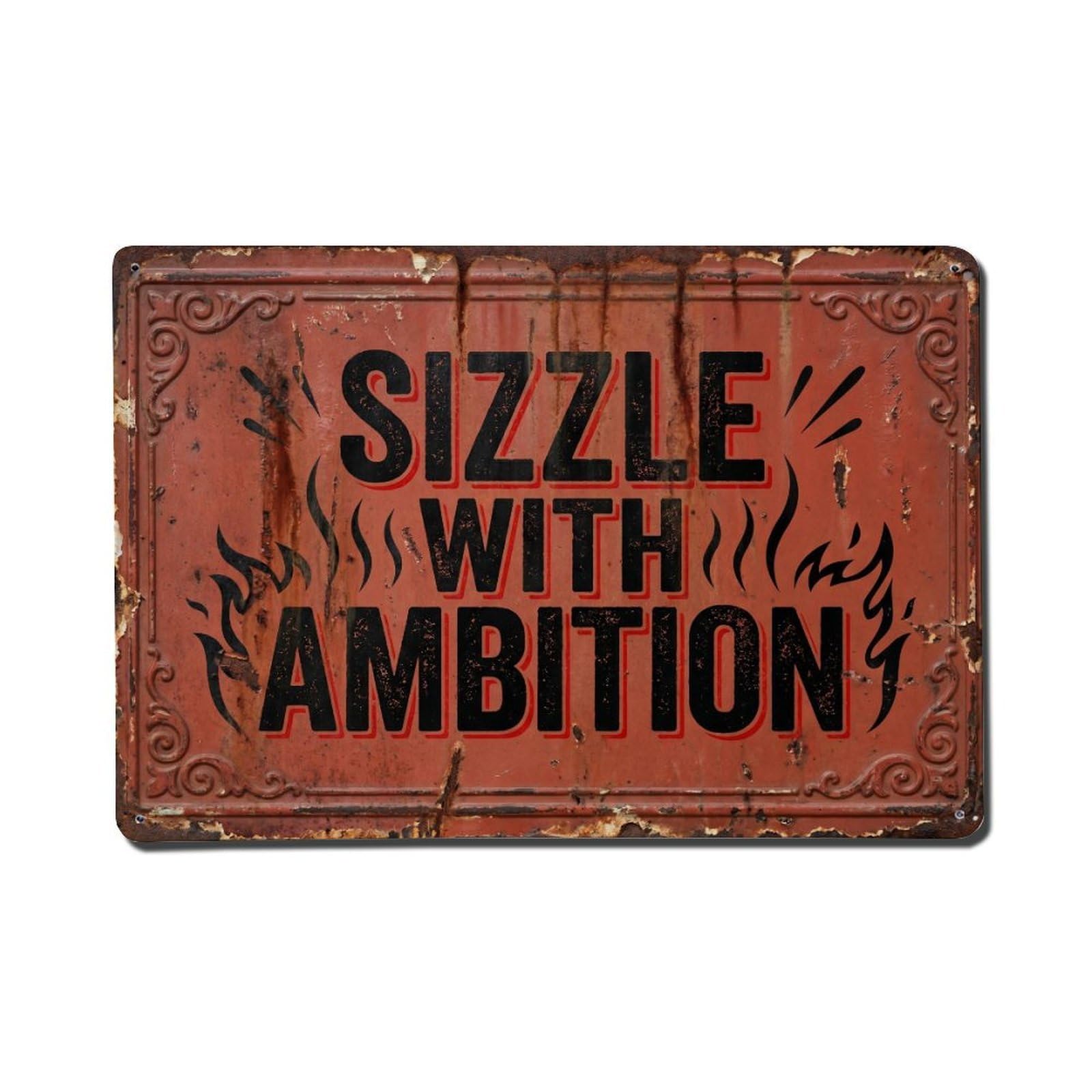 Sizzle with Ambition Hot Retro Motivational Slogans Vintage Metal Tin Sign Wall Decor for Cafe, Club, Garden Metal Poster 8x12Inch