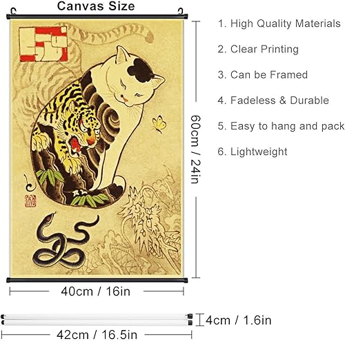 Miniatura 7 de Una amplia variedad de tatuajes de gato samurái japonés retro vintage con 13 rollos de pared para colgar (16 x 24 pulgadas)