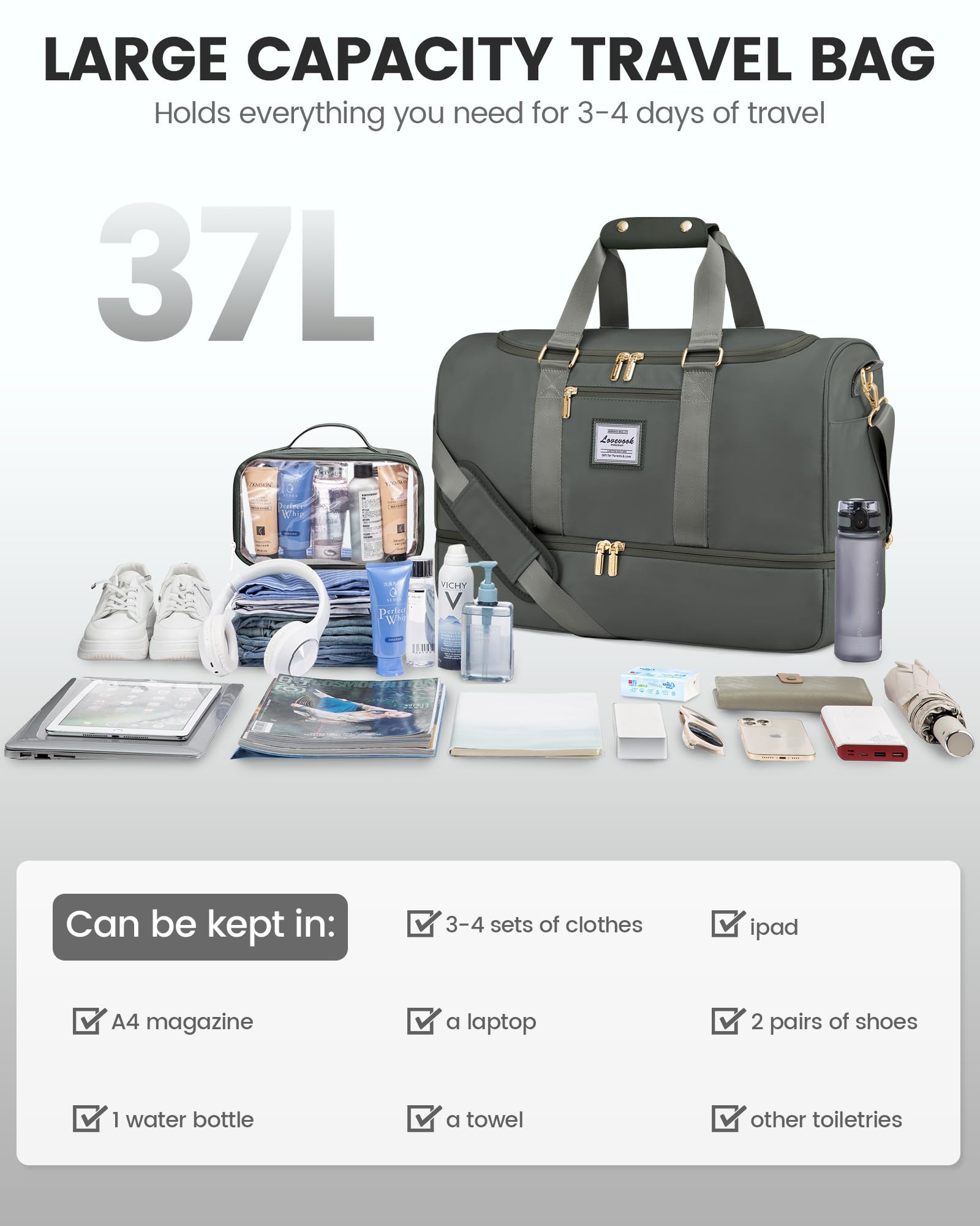 LOVEVOOK Sporttasche Reisetasche Damen Groß, Weekender Damen Reiseschen mit Kulturtasche, Schuhfach & Nassfach, Wasserdicht Gym Bag Travel Bags, Handgepäck Tasche für Sport Reise Flugzeug, verde, M