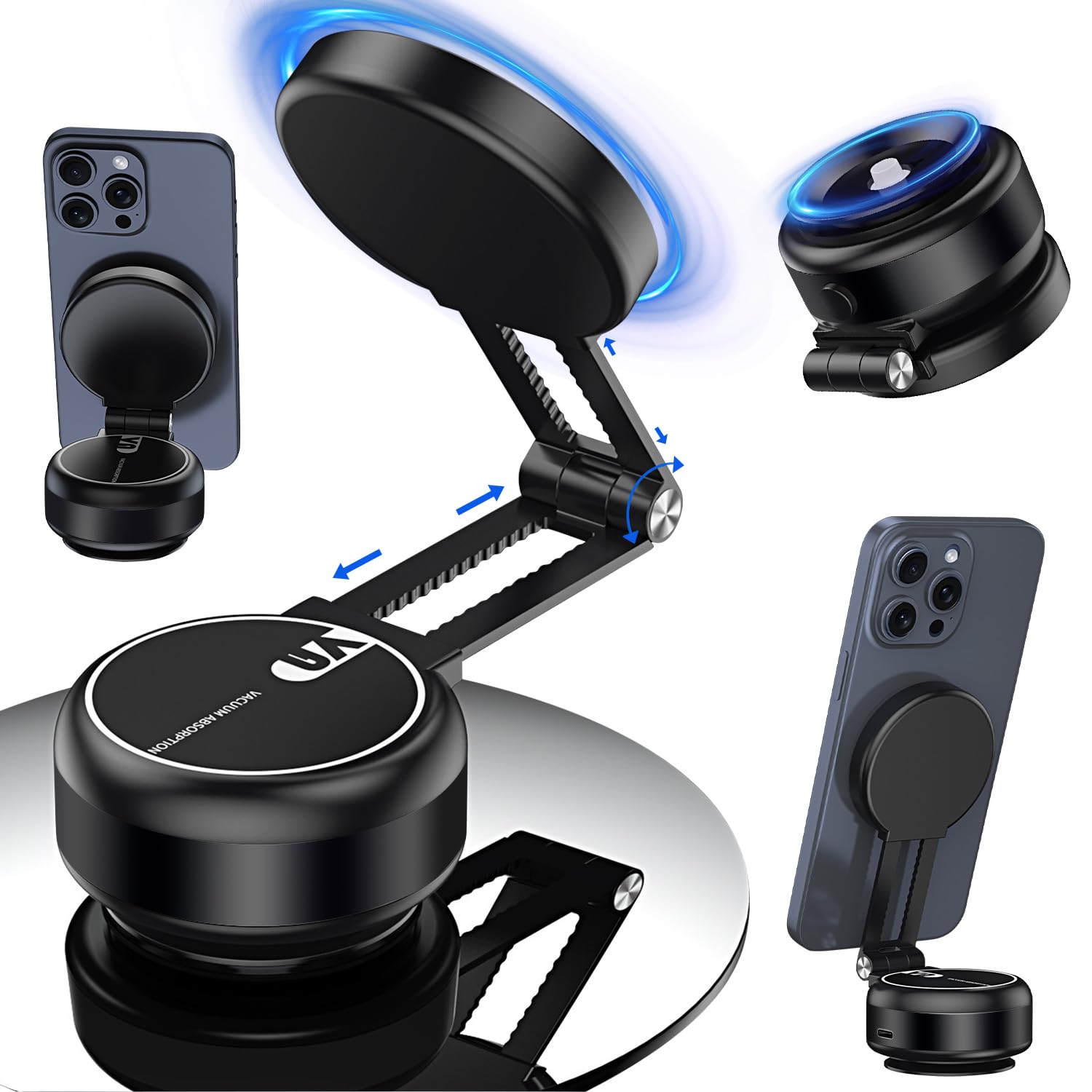 Necomi Vacuum Magnetic Phone Holder, Retractable magnetic stand, Suitable for Driving, Makeup, Fitness, Cooking, Compatible with Metal, Glass Surfaces, Walls Black Telescoping Shoring Column