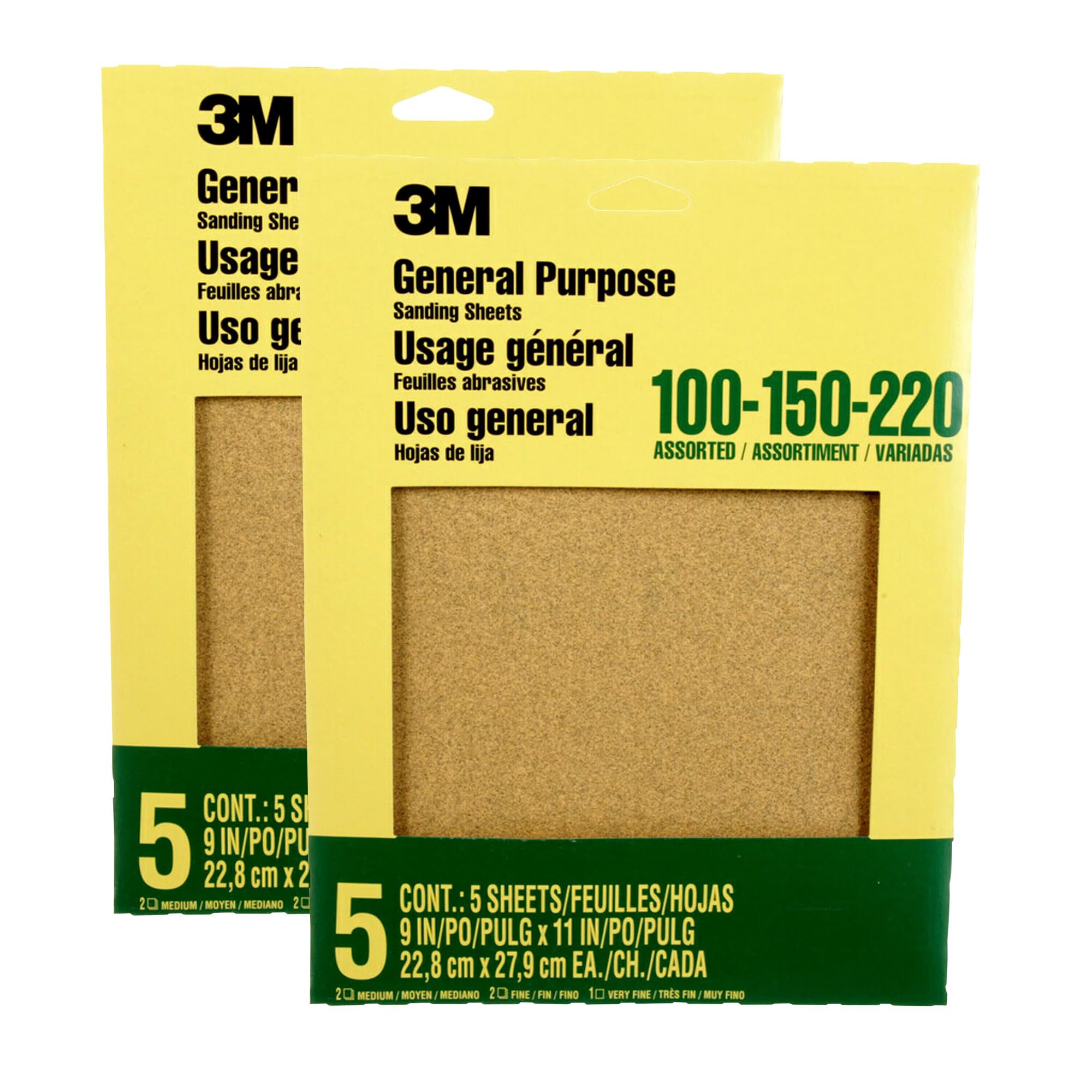 3M Aluminum Oxide Sandpaper, 5 Sheets, Assorted Grit 100-150-220, 9-in x 11-in, Multi-Purpose Abrasive Sanding Paper, for General Purpose Sanding On Paint, Wood and Metal (9005NA), 2-Pack