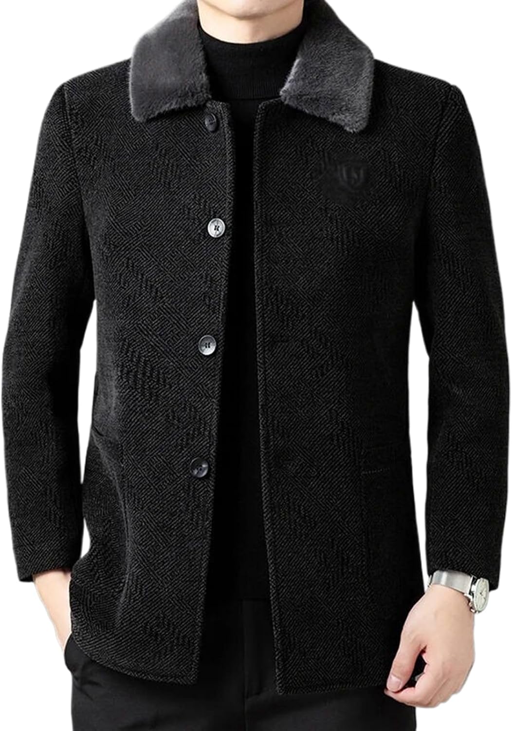 Winter Warm Woolen Coat Men Thick Fleece Lined Wool Collar Jacket Casual Warm Overcoat