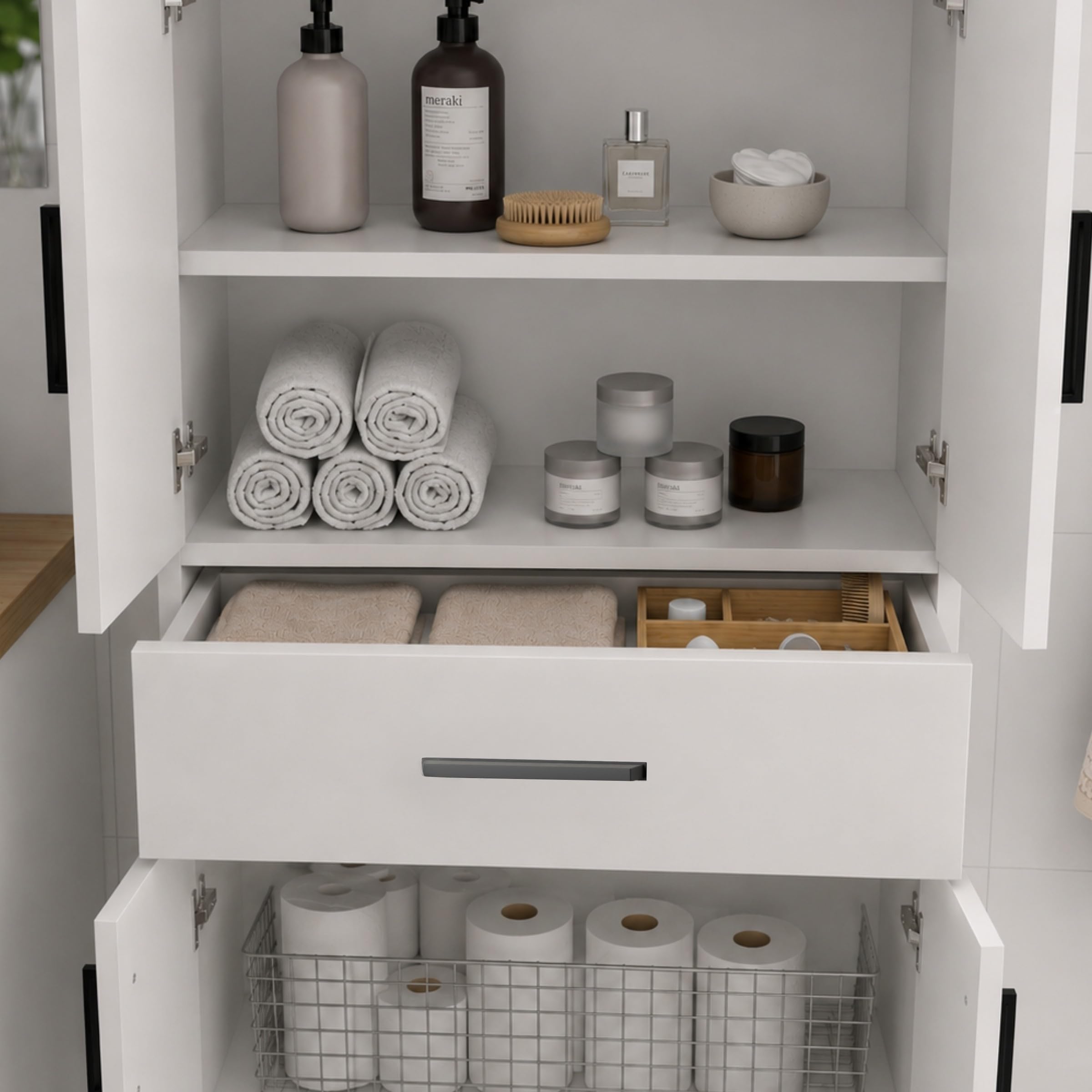 Columna de Baño con Cajón y 4 Puertas, Blanco | Mueble de Baño Estrecho, Armario de Almacenamiento, Mueble Una estantería Ideal también para el salón y la Cocina
