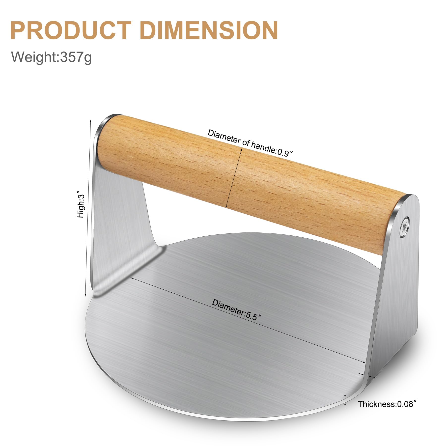 Uyauld Stainless Steel Burger Press with Wood Handle, Anti-Scald Handle, 5.8 Inch Burger Smasher, Round Non-Stick Hamburger Press for Griddle, Griddle Accessories Kit for Flat Grill Cooking