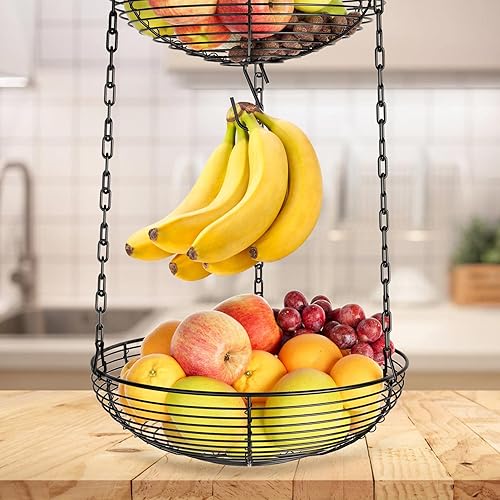 Miniatura 3 de HULISEN Cesta colgante de frutas de 3 niveles con gancho para plátano, cestas colgantes de alambre resistente para almacenamiento de cocina,