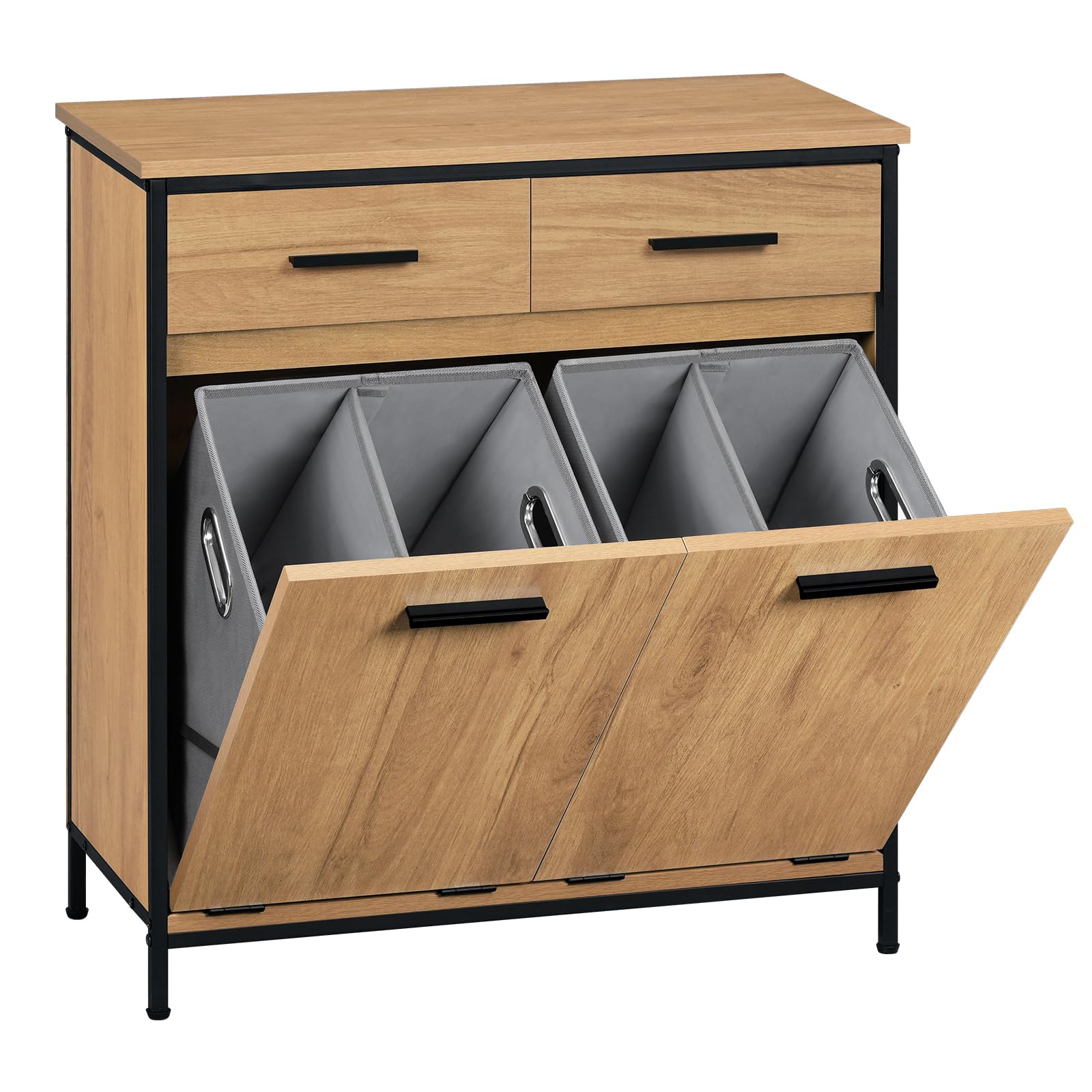 EUGAD Meuble de Salle de Bain, Placard de Rangement, avec Sac Intérieur Amovible avec Poignées, 40 x 78,9 x 80,2 cm, 2 Tiroirs et 2 Paniers à Linge, Meuble de Rangement, Chêne Clair + Noir, 0233WY