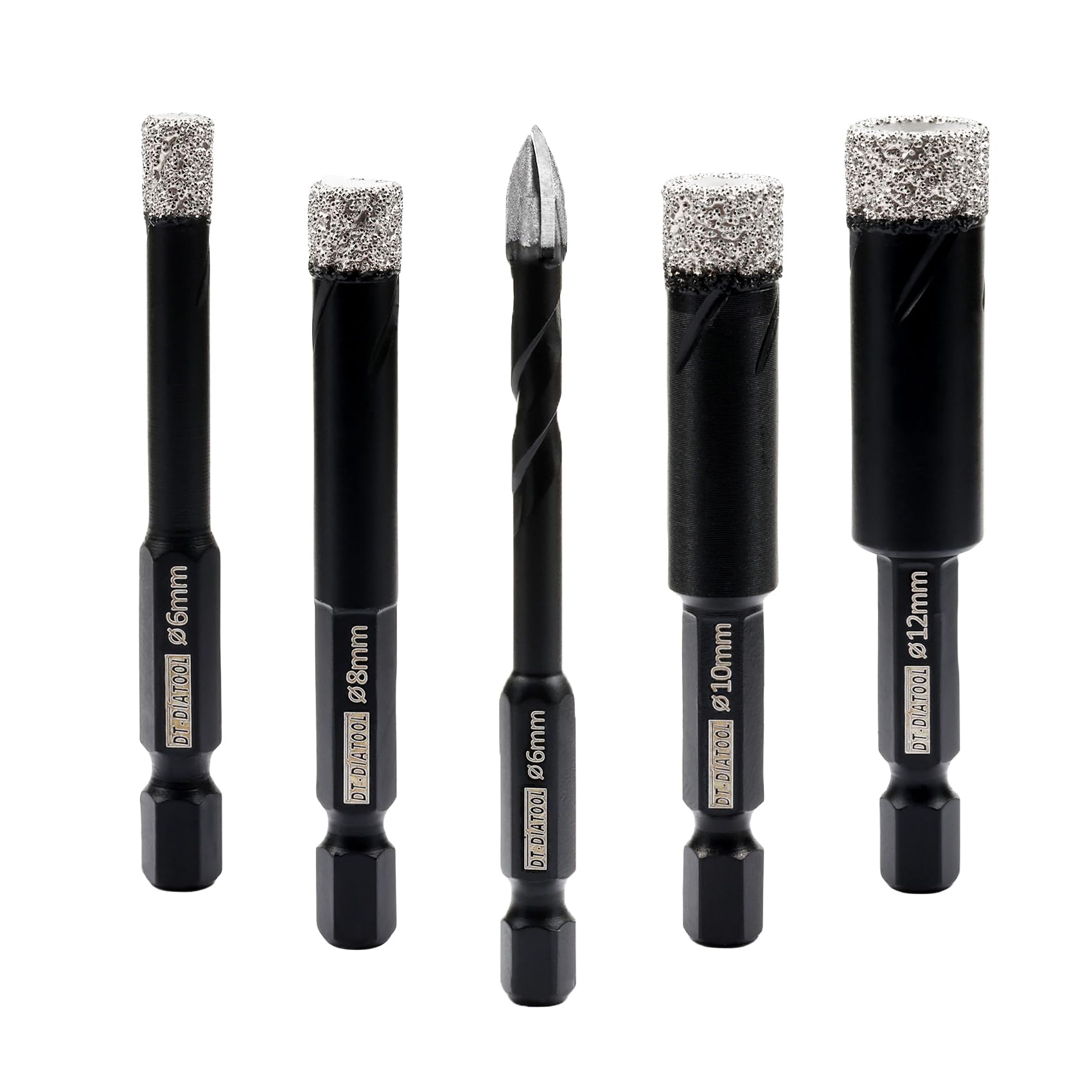 DT-DIATOOL Diamond Drill Bits 4pcs 6/8/10/12mm with 1pc 6mm Diamond Tip Carbide Drill for Tile Porcelain Ceramic Marble Granite