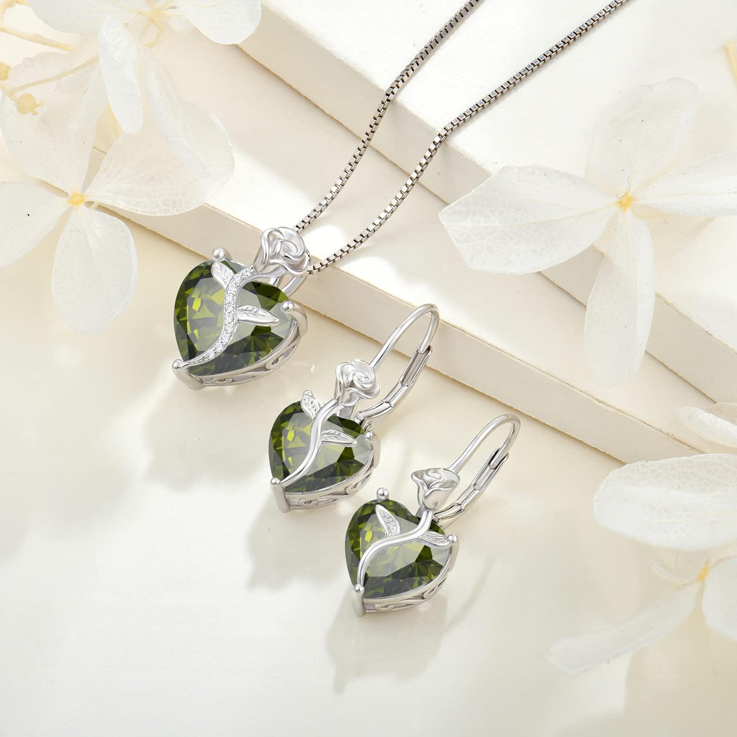 FJ Heart Dangle Drop Earrings 925 Sterling Silver Rose Flower Leverback Earrings Birthstone Jewelry for Women - Image 5