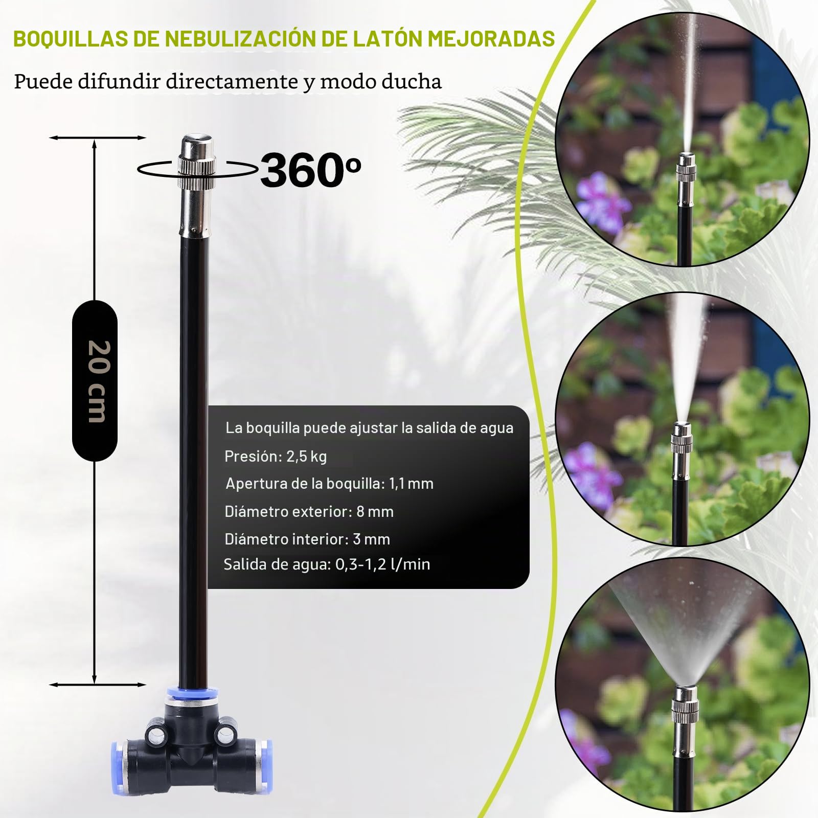 Sistema de riego y refrigeración por nebulización de 20 m con 20 boquillas de nebulización ajustables, sistema de refrigeración por pulverización y reducción de polvo para exteriores