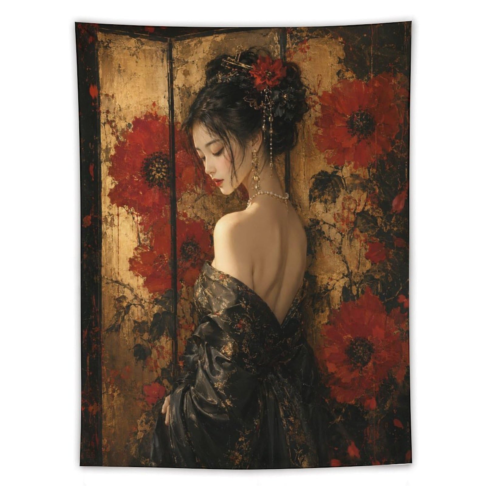 W7C8U2X3 Red Poppy Woman Gold Wall Tapestry, Oil Painting, Apartment
