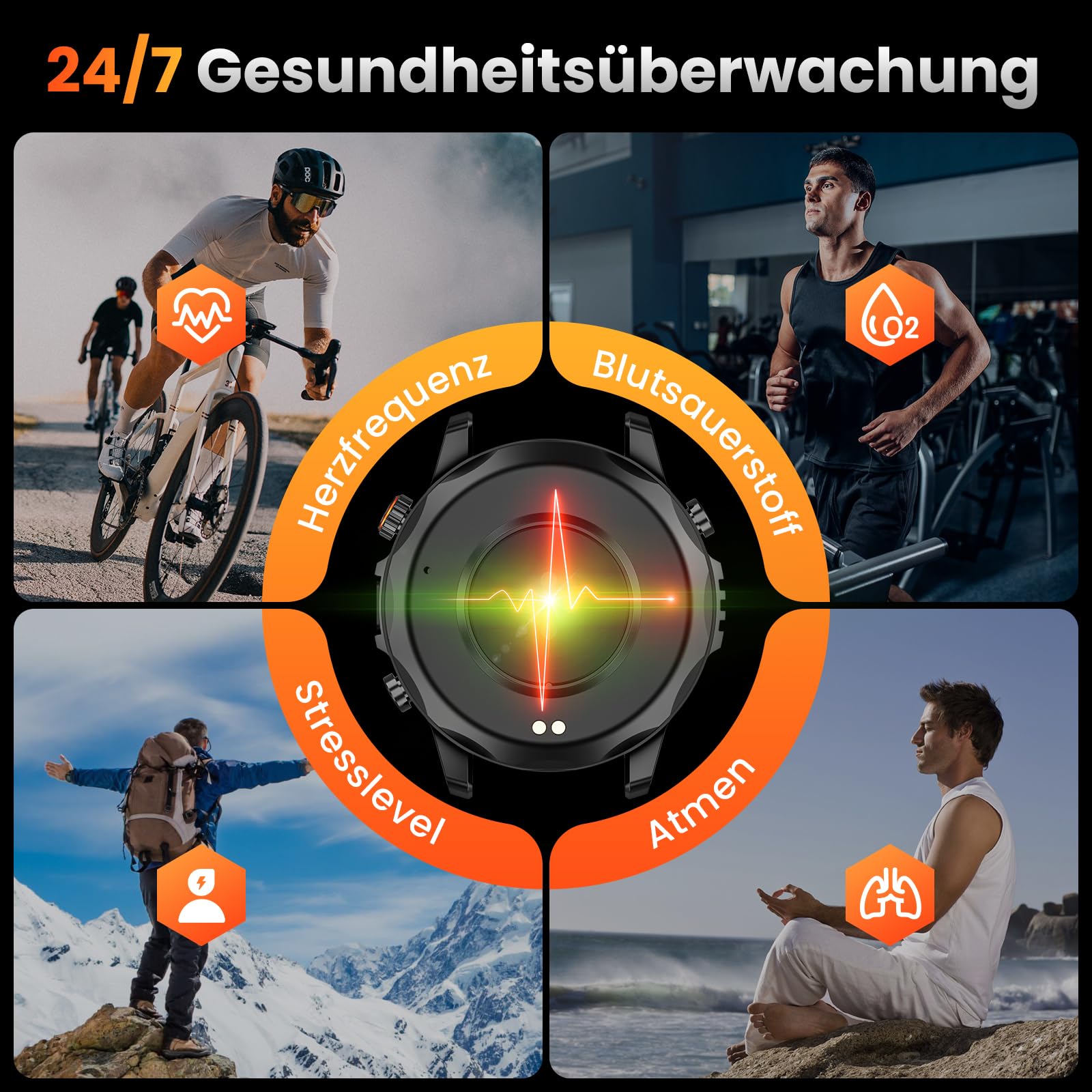 Smartwatch Herren GPS, 1,46" HD Men's Militär Smart Watch, LED Taschenlampe, Kompass, 100+ Sportmodi Fitnessuhr, IP68 Wasserdicht Rund Sportuhr, Fitness Tracker Watch für iOS Android (Schwarz)