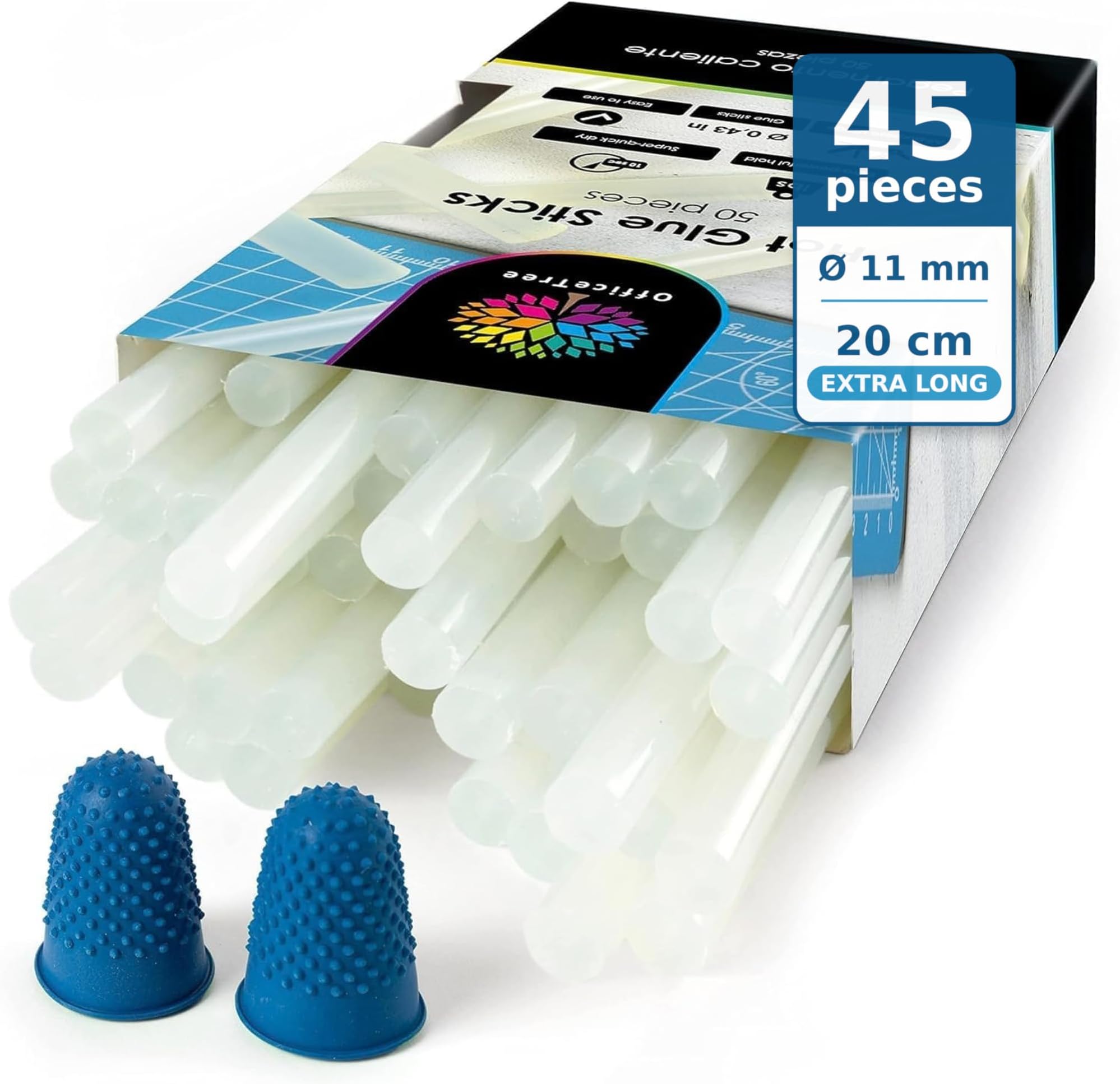 OfficeTree 45x Hot Glue Sticks 11mm x 200mm - Extra Strong & Fast Drying - Glue Sticks for Hot Glue Gun - Universal Adhesive + 2 Finger Protectors
