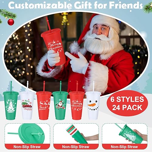 Miniatura 3 de Umigy 24 vasos de Navidad de 24 onzas de plástico reutilizables con tapas y pajitas para café, vino, bebidas frías y calientes, para decoración de