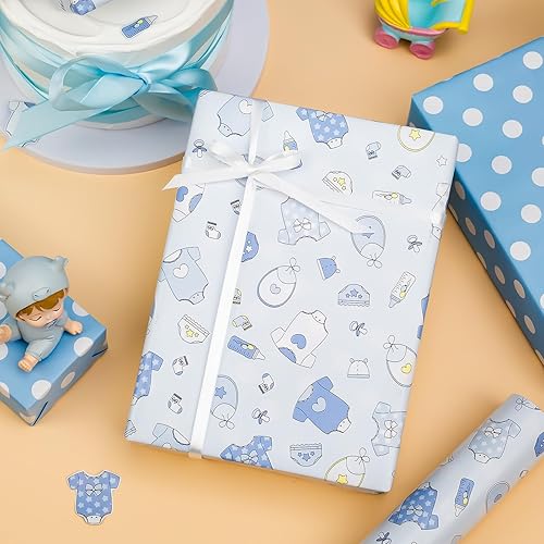 Miniatura 7 de MAYPLUSS Rollo de papel de regalo para bebé recién nacido, 17 pulgadas x 33 pies, bonito diseño de bebé azul y biberones, envoltura de regalo, para