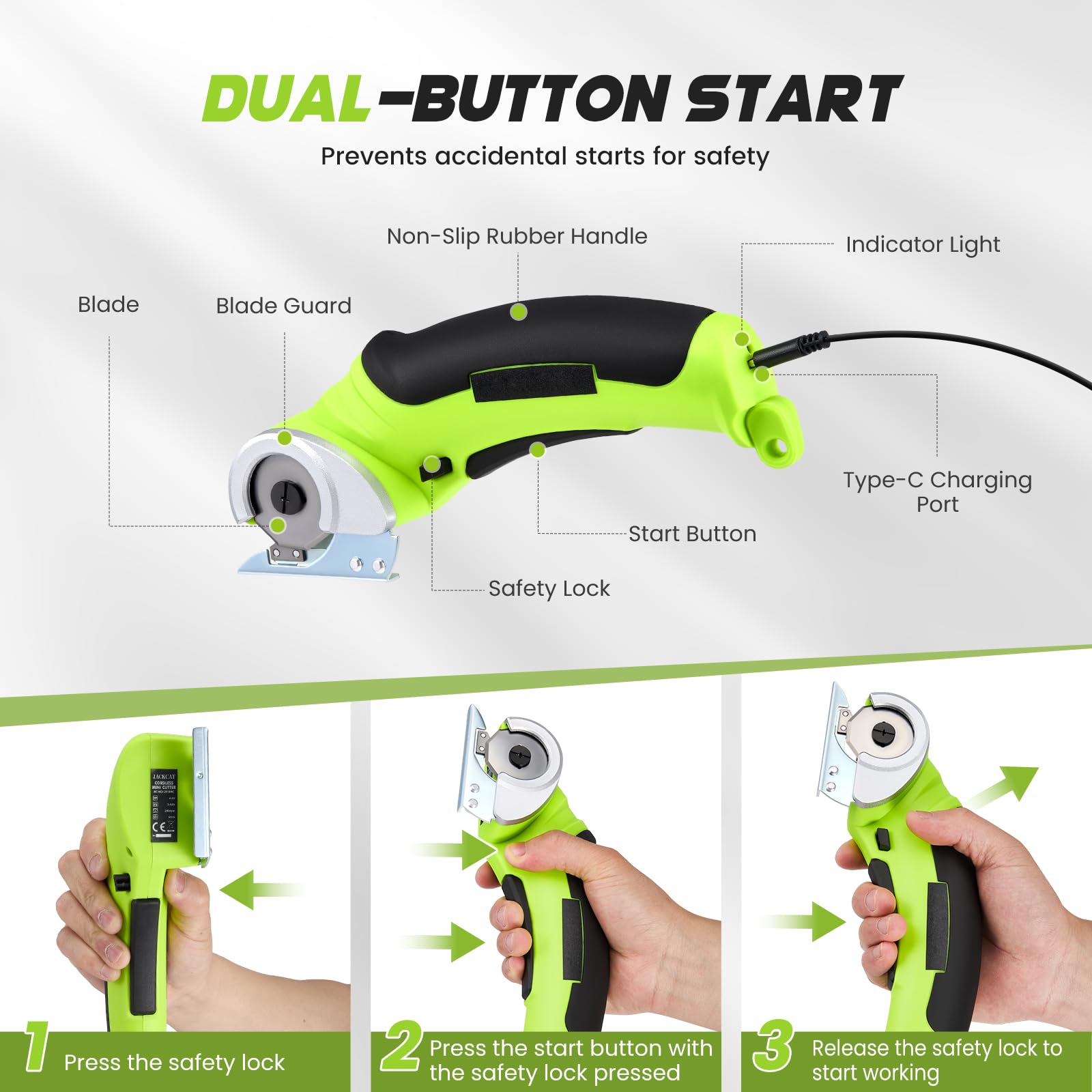 Ciseaux électriques sans fil 4,2 V Mini coupe-tapis et carton avec lame de rechange/chargeur, cutter rotatif pour emballage en carton, cuir et plastique (vert)