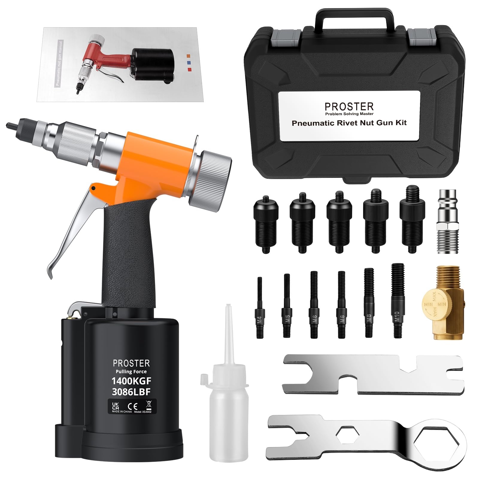Proster Pistola Pneumatica per Rivetti Nut Set Rivet Nut con 5 Mandrini Metrici M4-M10 Forza di Trazione 1400KGF Valvola di Regolazione della Pressione Attrezzo per Fai da Te e Officina con Custodia