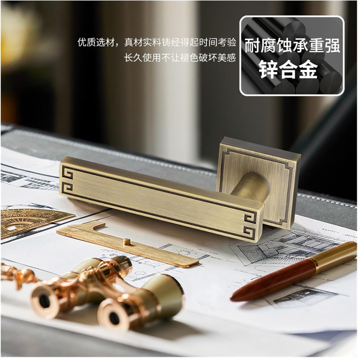 Interior Door Lock Chinese Style Bedroom Room Black zinc Alloy Solid Handle Copper core Handle Lock Silent Door Lock(Bronze A Split Lock)