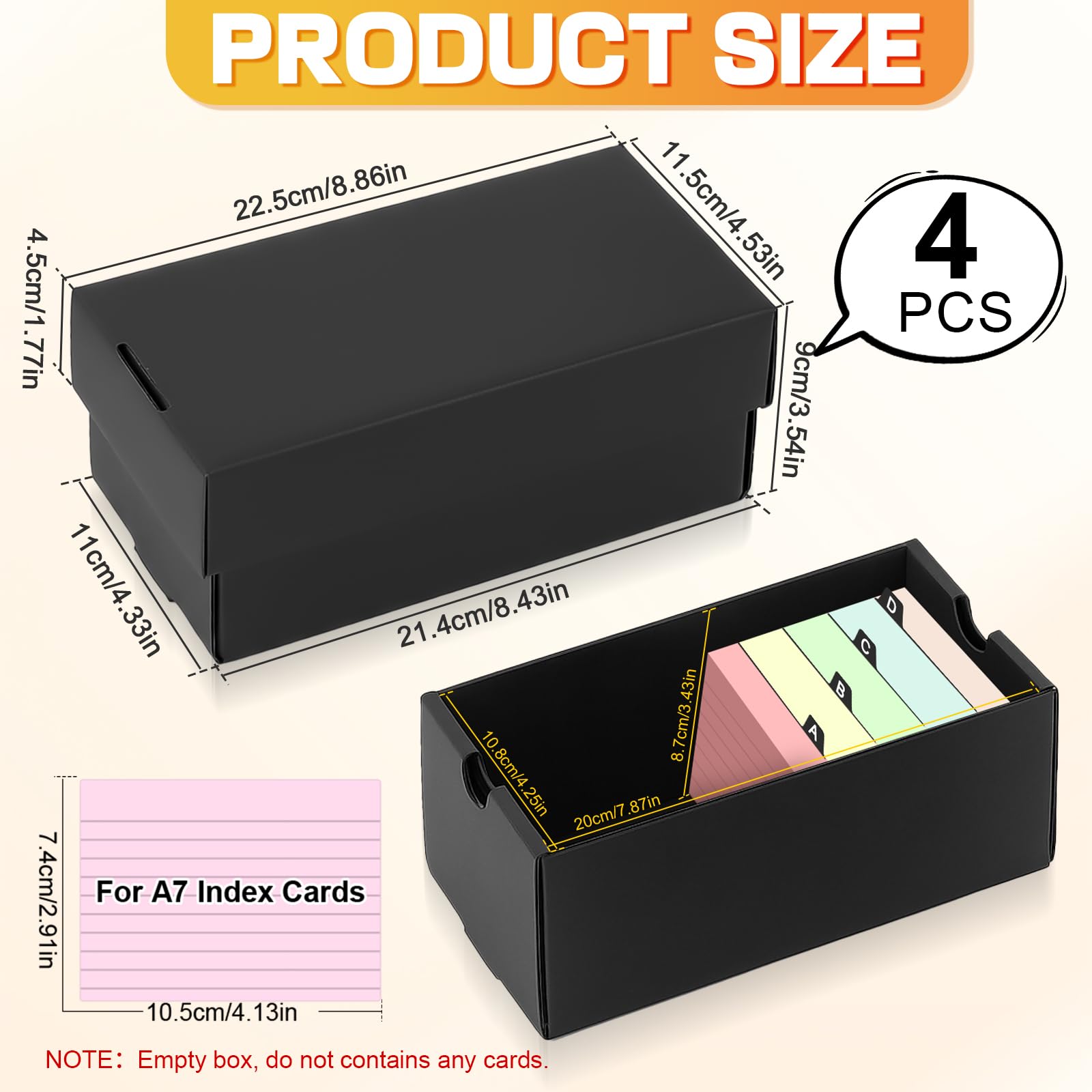 4 Pz Scatola per flashcards A7, per 74×105mm flash cards, Capacità 980 Schede, Indice Card Box Nera per Apprendimento Note, Ricette, Organizzazione e Revisione a Casa Scuola Ufficio