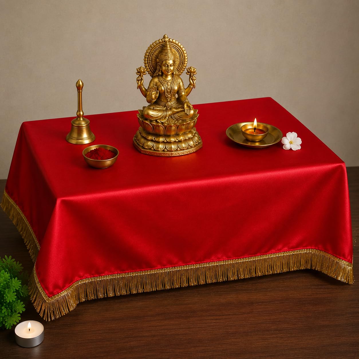 Satin Pooja Table Cover Cloth 1 x 1 Meter | Premium Glossy Altar Cloth with Golden Fringe Lace | Temple Chowki Cover for Mandir, Home Decor & Religious Ceremonies | Red-image-49