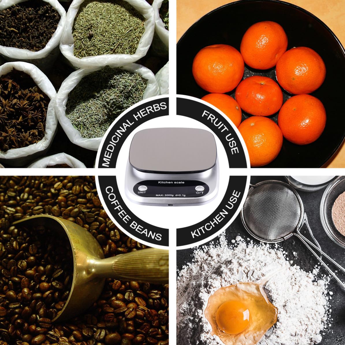 Báscula Capacidad de 3kg Recargable Digital de Cocina de Acero Inoxidable y Precisión de 0.1g para Uso en Repostería y Café