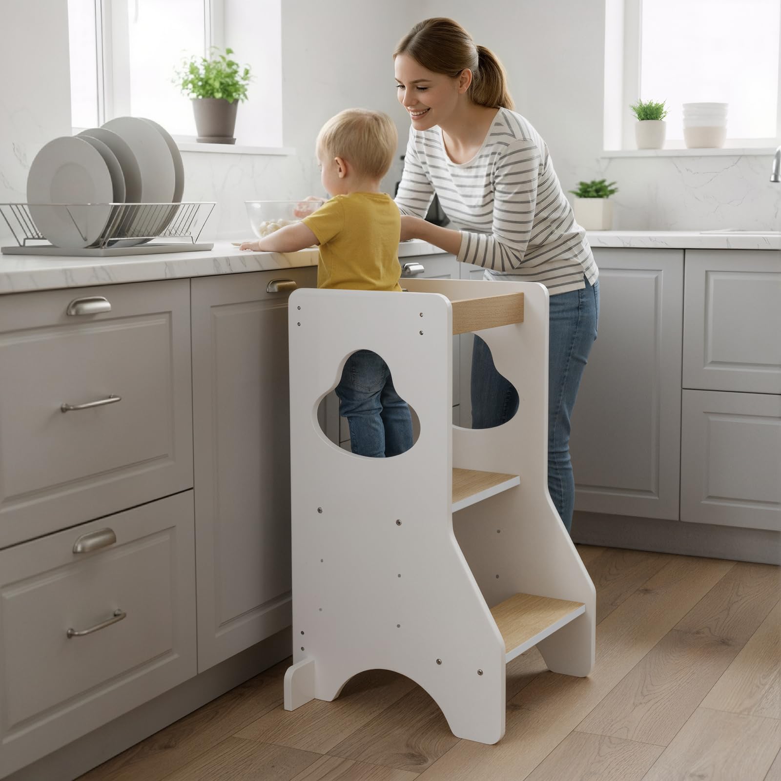 COSYLAND Kids Standing Tower – Adjustable Height Kids Kitchen Stool Helper – Super Stable Adjustable Wooden Toddler Kitchen Stool (White & Natural)