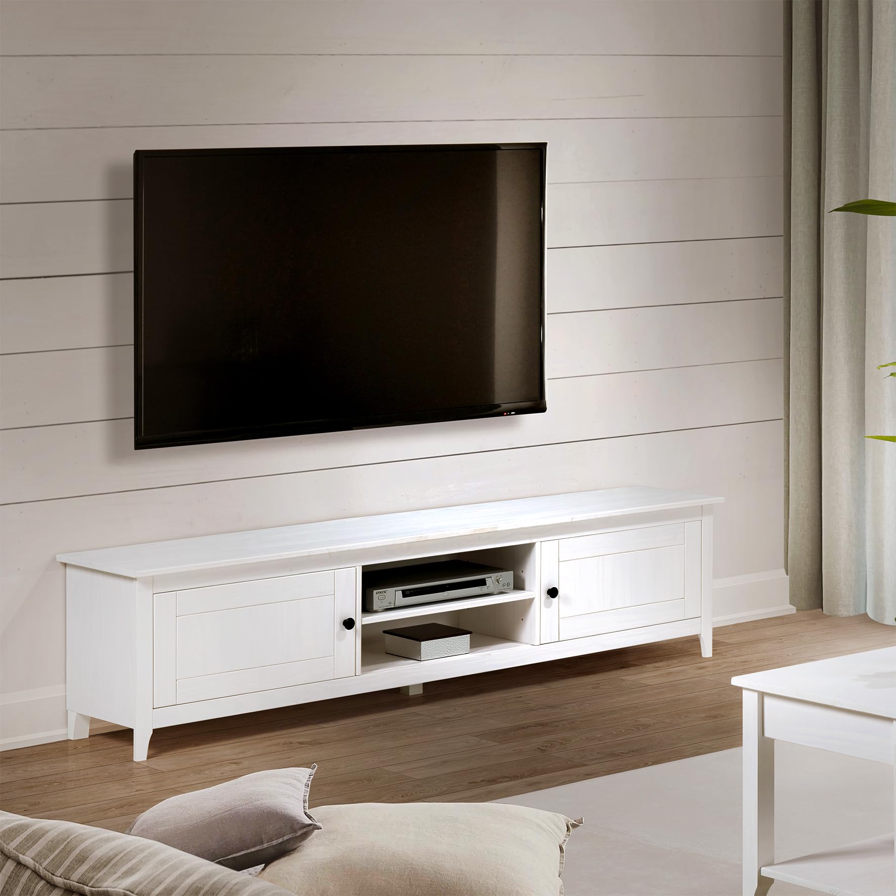 Buyqualia Mesa TV OSMA, 2 Puertas 2 Huecos, 45x180x35, Blanco Abierto (Grande)