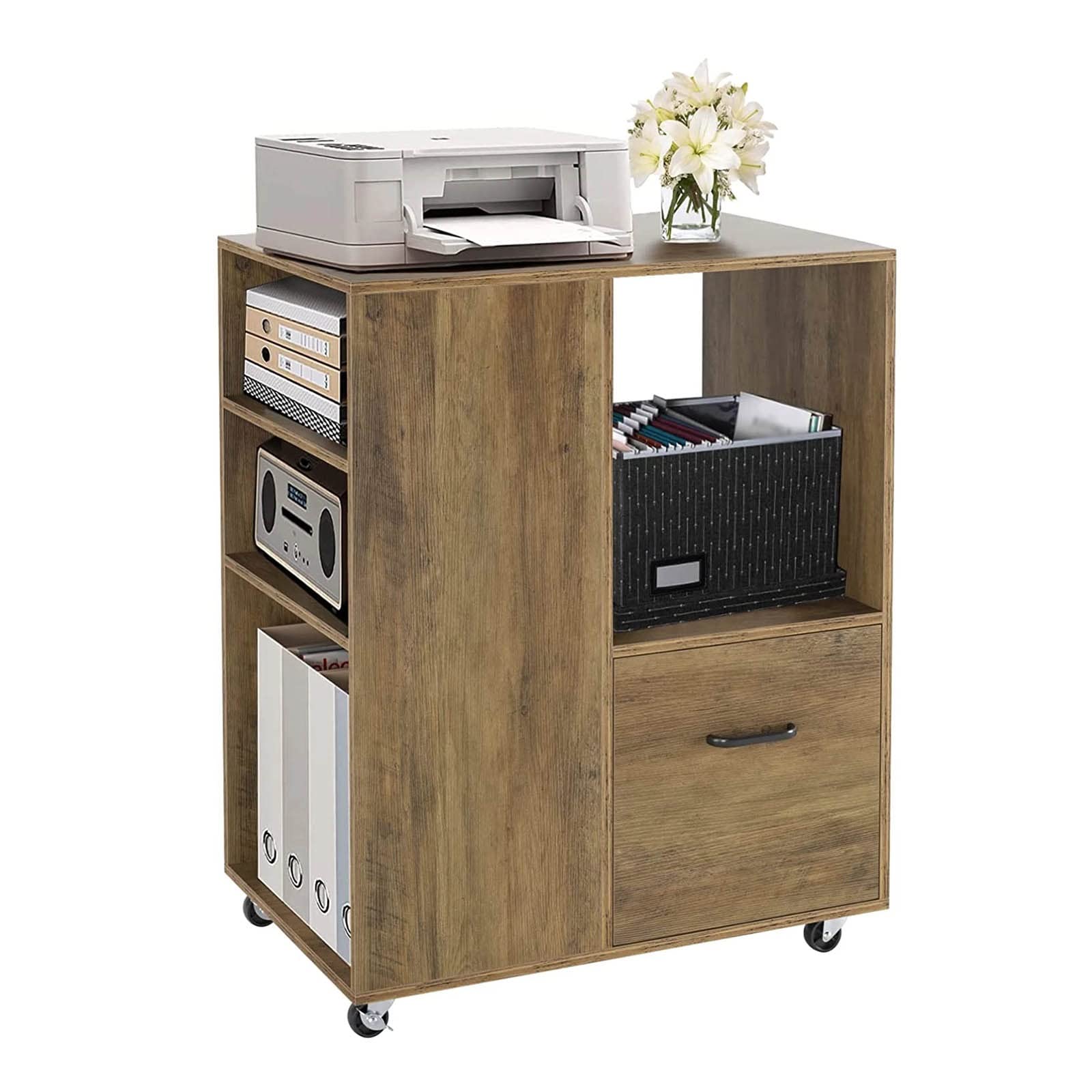 Soporte para impresora rodante con gabinete de oficina con ruedas y estantes abiertos, ideal para documentos y archivos