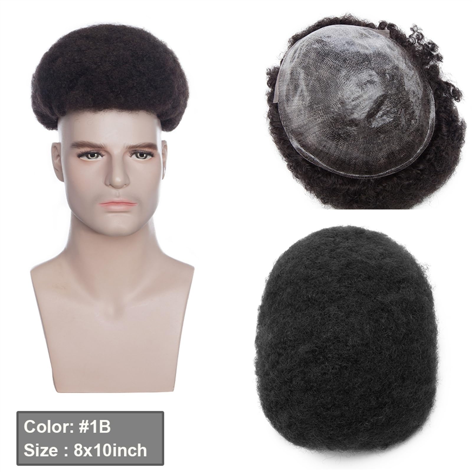 Herren-Perücke Afro-Toupet for schwarze Männer, 6 mm Afro Kinky Curl Herren-Haarteil, Perücke, 20,3 x 25,4 cm, Voll-PU-Basis, V-Schlaufe, männliche Haarprothesen, 130 % Dichte, Echthaar-Einheiten Perü