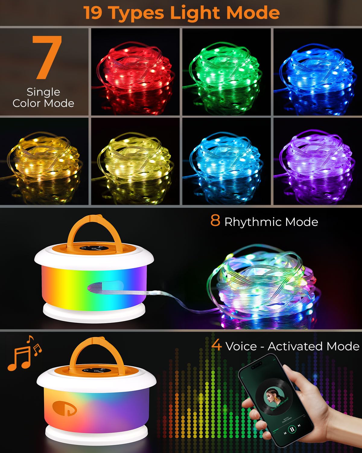 Guirlande lumineuse de camping, lampe flash RVB rétractable de 10 m, guirlande lumineuse LED rechargeable, étanche, lanterne portable à suspendre pour tente extérieure, patio, auvent, jardin