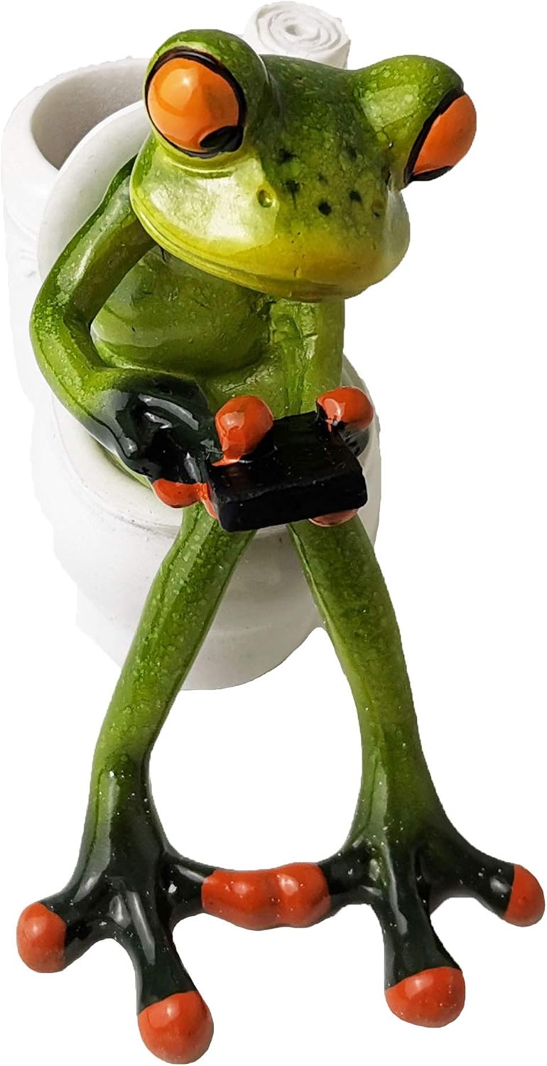 Frog Figurine Decor, A Frog Sitting on The Toilet Playing with his Phone, Frog Sculpture Statue, Creative Craft Resin, Great for Desk Bathroom Home Decoration (4.3 inch)