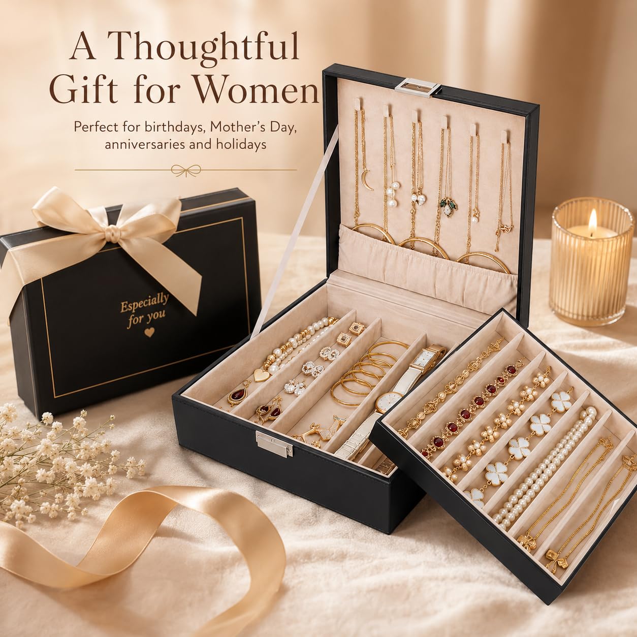 BEWISHOME Joyeros Mujer Organizador Caja Organizador de Collares para Cadenas, Pulseras - 12 Compartimentos (7 Regulares + 5 Grandes), 6 Ganchos, 2 Capas-Joyero Mujeres,Organizador Joyas Negro ESSH31B