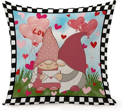 Miniatura 1 de Happy Valentines Day Lovely Gnome Couple Pillow Cover 18x18in Gnome Couple Heart Balloons Cojines Decorativos para Sala Zippered Decorative Throw