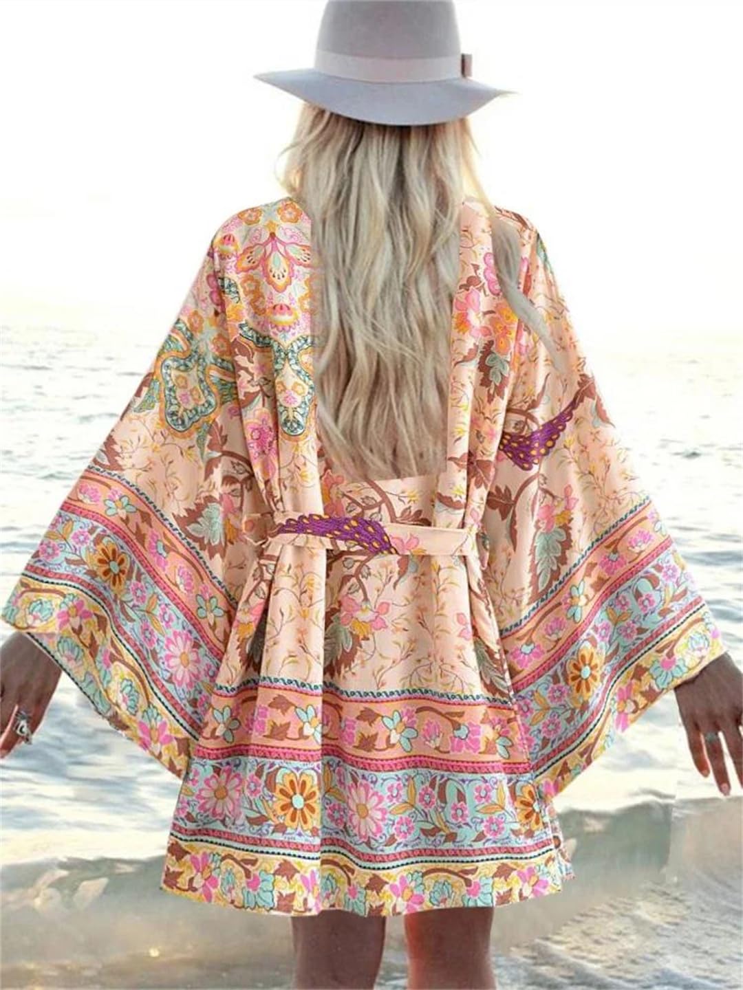 Vintage Print Fusciacche Bohemian Kimono Donne Scollo A V Maniche Pipistrello Breve Robe Bikini Cover-up, Beige, S