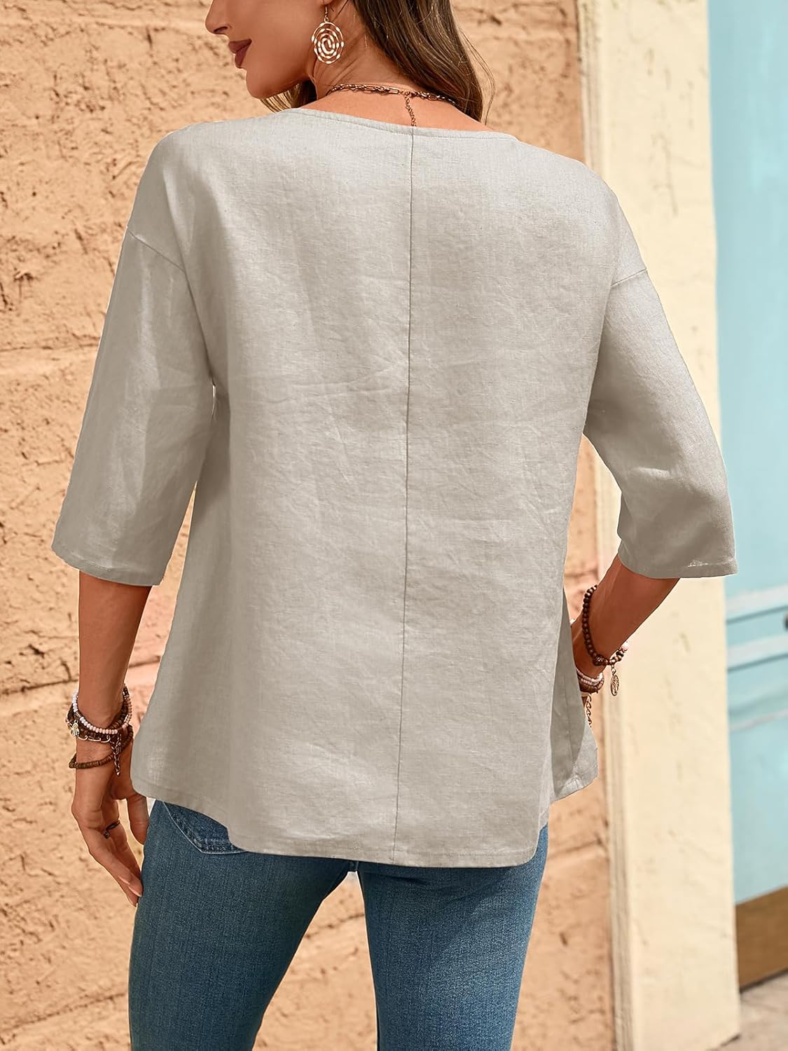 Women's Linen Blouses 3/4 Sleeeve Pure 100% Linen Crew Neck Tops Tshirts - Image 6