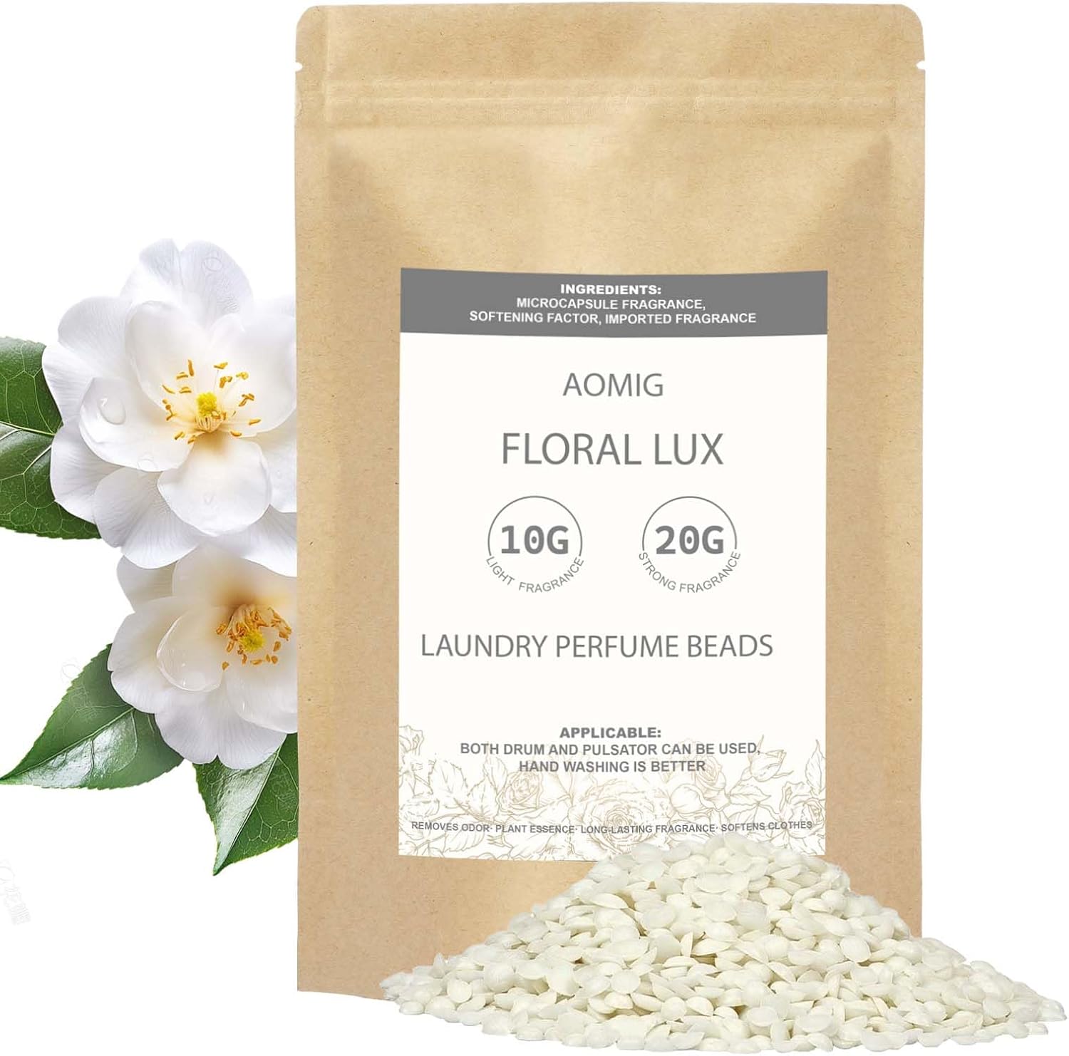 Aomig Ammorbidente Concentrato, Bucato Perle Profumate, Fragranza di Lunga Durata, Profumate Lavatrice per Capi Delicati Bebè, Senza Sostanze Chimiche Nocive, Maxi Formato, Lavaggi Multipli, 500G