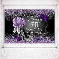 Vista 6 de Fondo fotográfico negro y morado con tacones altos plateados, globos de rosa morada para fiesta de cumpleaños número 70, telón de fondo